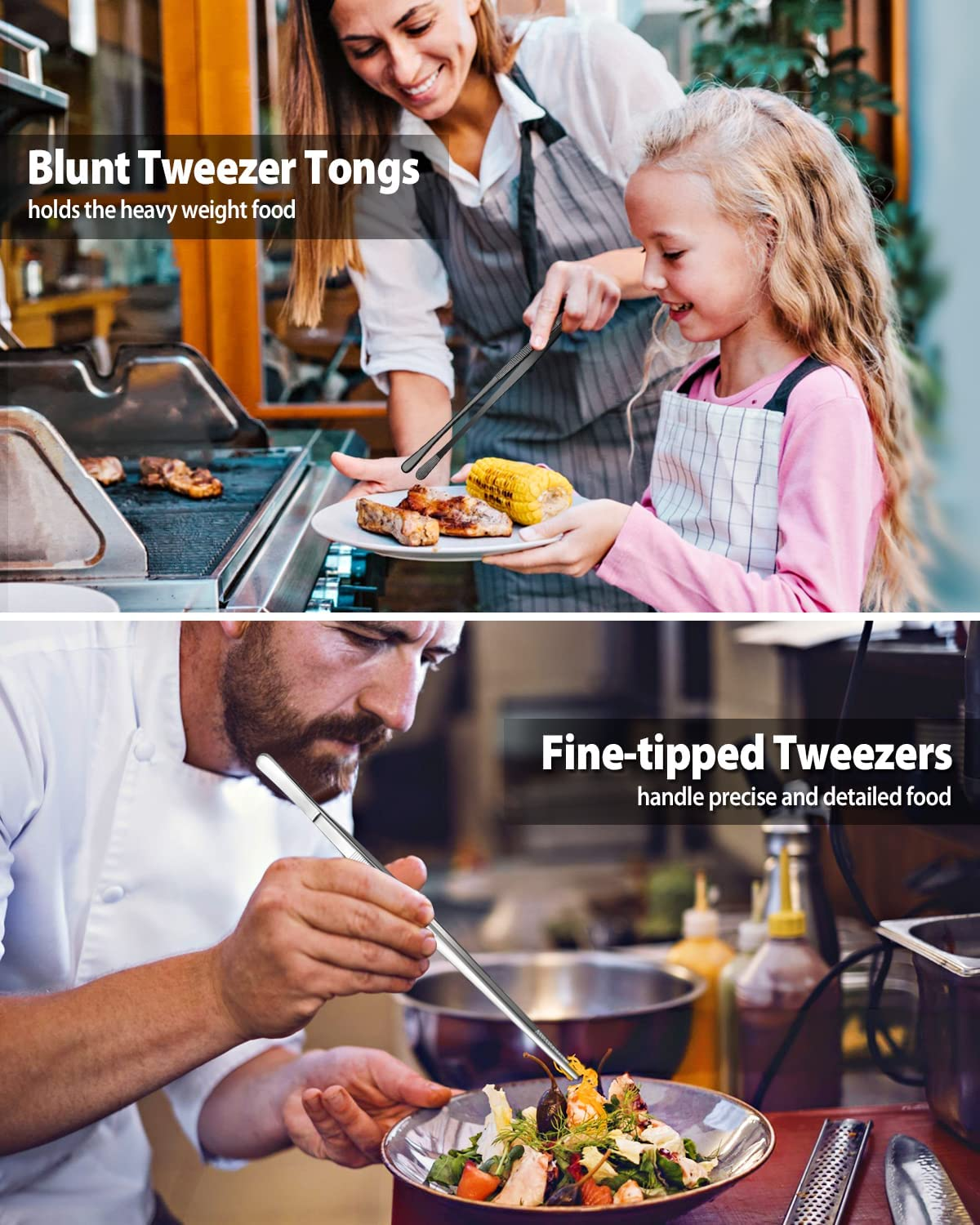 2 Pcs 12-Inch Cooking Tweezers Tongs Precision Serrated Tips, Stainless Steel Professional Chef Tweezer Kitchen Tools for BBQ, Plating and Serving (Black)