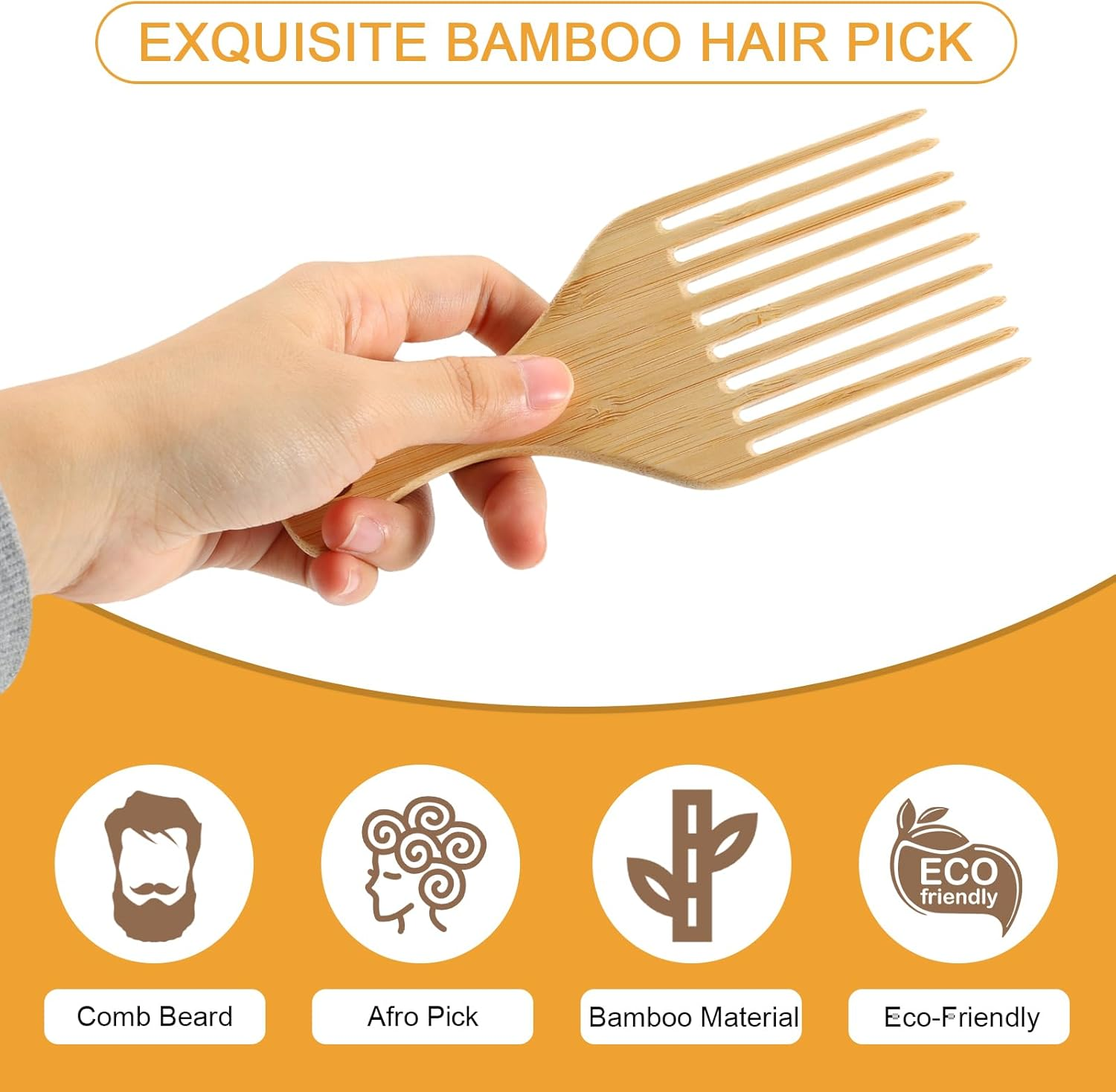 Bamboo Hair Pick for Afro Wide Tooth Hair Detangling Comb for Curly Styling Women Men