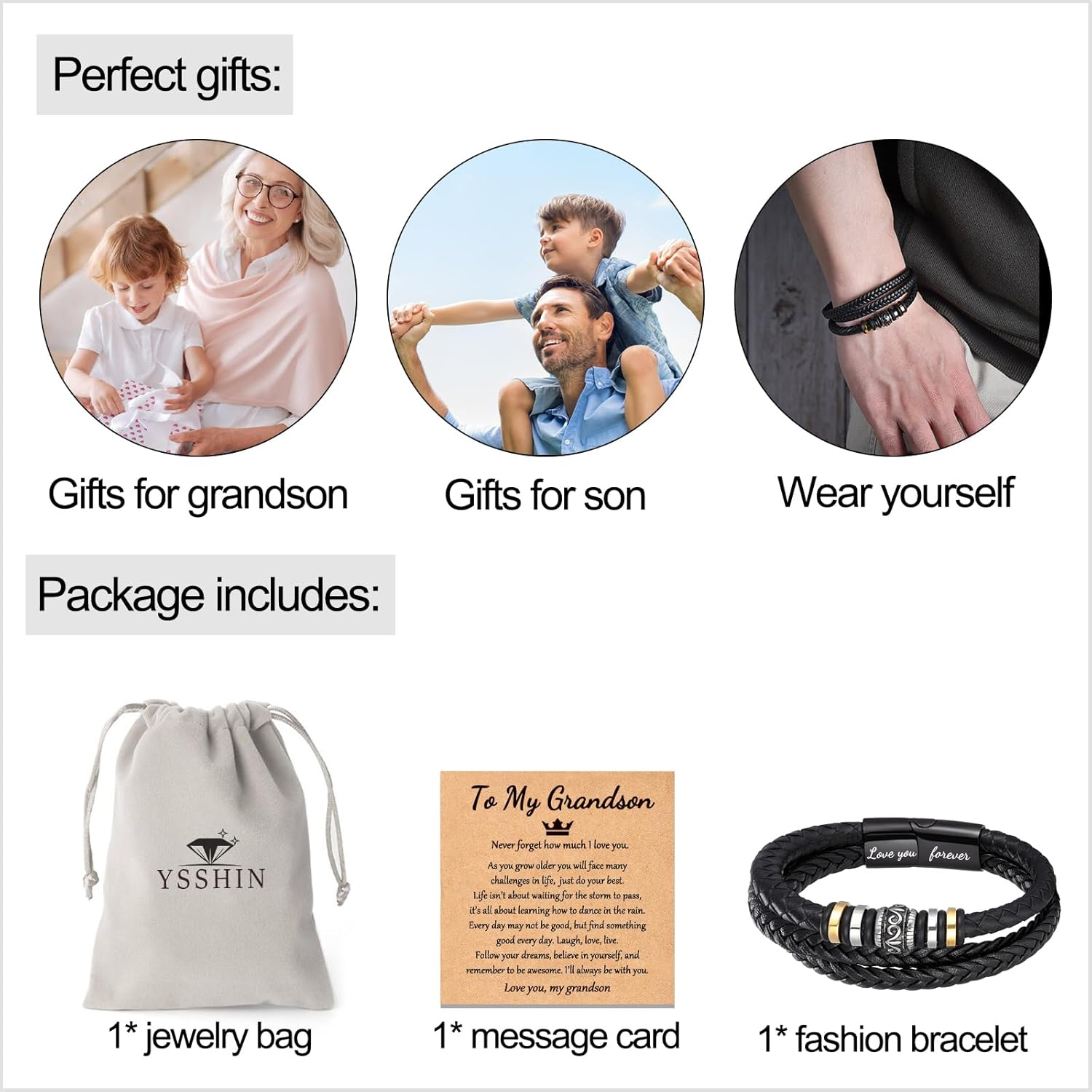 YSSHIN Grandson/Son/ Brother Bracelet, Grandson Gifts from Grandma, Brother Gifts from Sister Braided Leather Bracelet Gifts for Boys Men image number 3