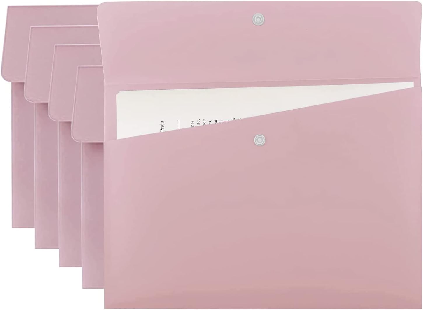 VANRA Poly File Folders Letter Size File Jackets Organizer Plastic Envelope A4 Flat Document Holder with Snap Button Closure (Pack of 5, Pastel Pink)