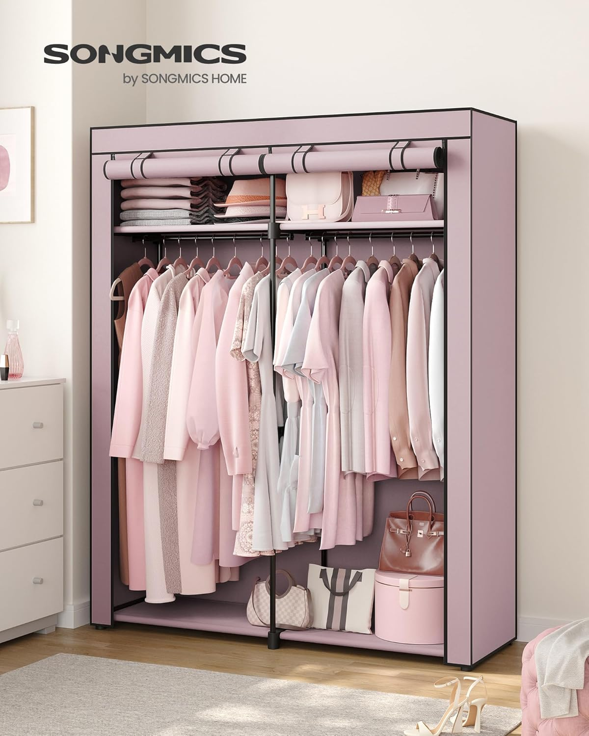 SONGMICS Closet Wardrobe, Portable Closet for Bedroom, Clothes Rail with Non-Woven Fabric Cover, Clothes Storage Organizer, 55.1 X 16.9 X 68.5 Inches, Lavender Purple URYG002P02 - Lavender Purple image number 6