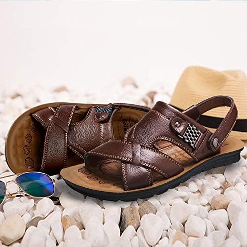 Men Summer Sandals Genuine Leather Comfortable Casual Sandals Fashion Men Slippers Arch Support Non-Slip Shoes (Color : Black, Size : 8)