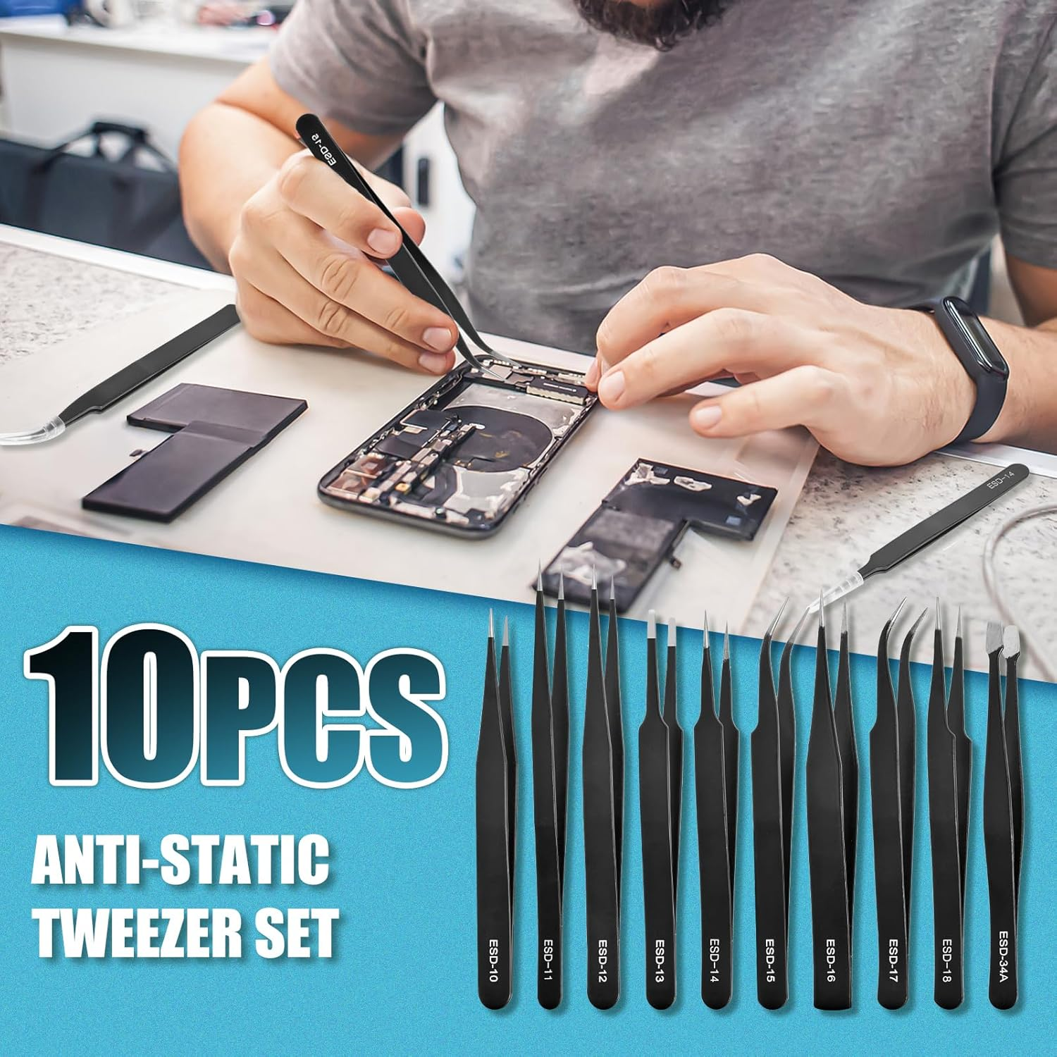 10Pcs Precision Tweezers Set, Upgraded Anti-Static Stainless Steel Tweezers with Storage Box, for Craft, Electronics, Jewelry-Making, Laboratory Work, Soldering, DIY image number 2