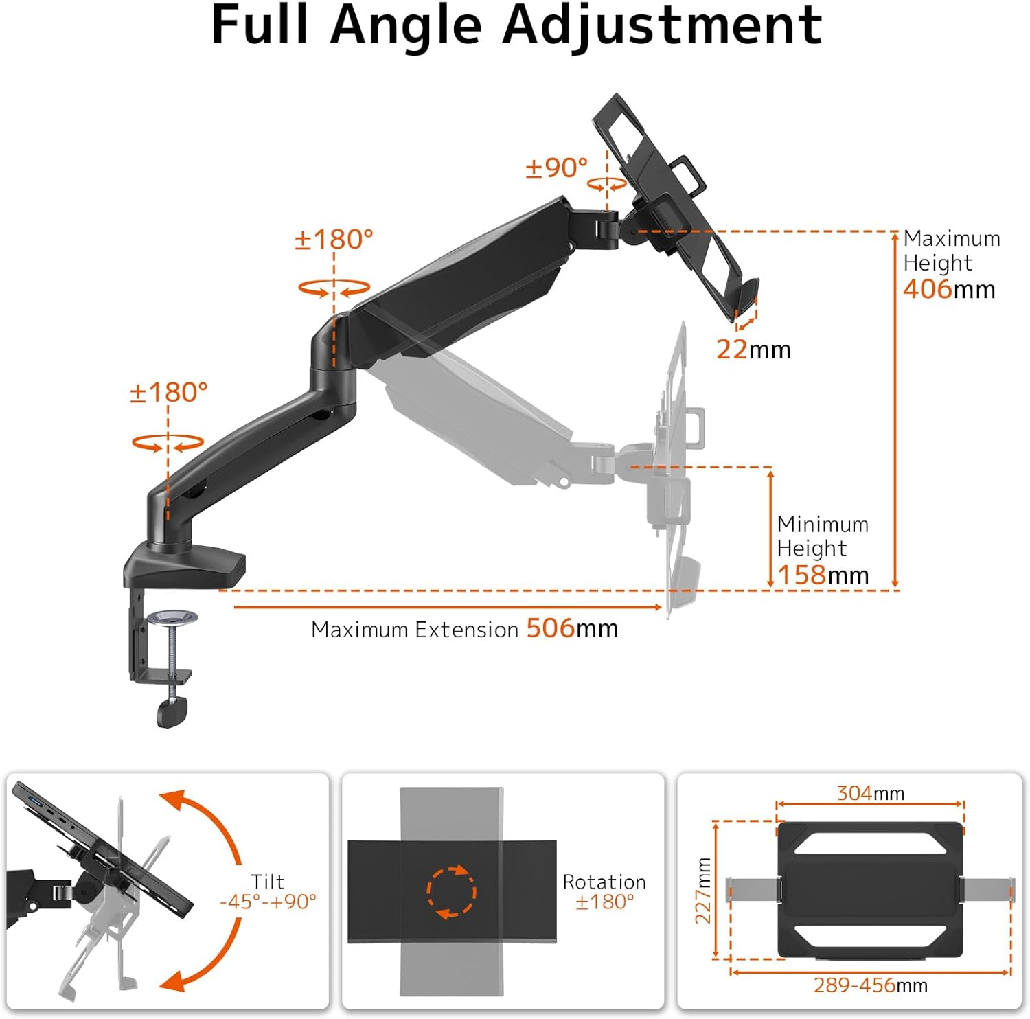 PUTORSEN 2 in 1 Laptop Stand Desk Holder, for 11.6-17.3 Inch Notebook & 17-32 Inch Monitor, Laptop Arm Mount Holds up to 9 Kg, VESA 75/100 Mm, Table Clamp and Eyelet Mounting image number 2