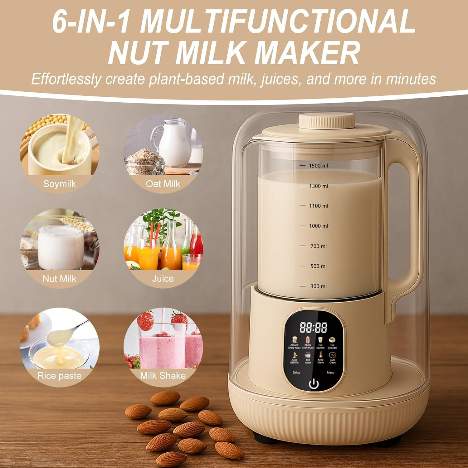 1500Ml Nut Milk Maker Machine 6-In-1 Automatic Soy Milk Maker for Almond, Oat, Soy & Plant-Based Milks, Non Dairy Beverages with Delay Start/Auto-Clea/Keep Warm/Boil Water image number 4