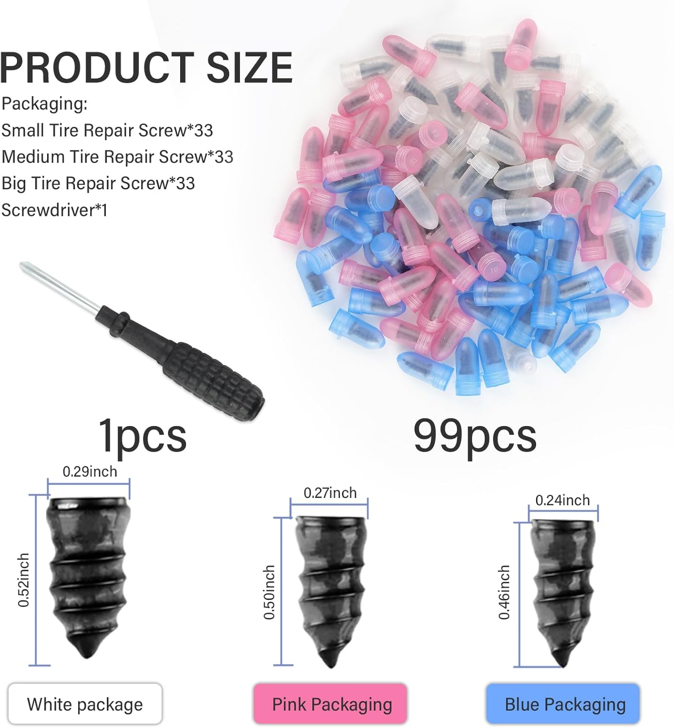 100PCS Tire Screw Plug Repair Kit,Self-Service Tire Repair Kit Includes 3 Sizes of Screw in Tires Plugs & Screwdriver for Quick Repairs,Professional Tires Repairs Rubber Nail