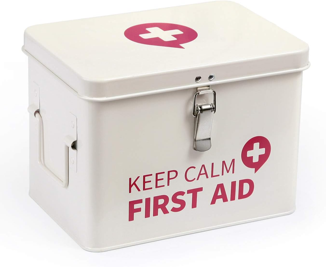 Keep Calm First Aid Medicine Organizer Storage Metal Box with Lid, Latch Closure, Removable Tray and Side Handles, Vintage Empty Box for Home, 9" X 6.3" X 6.5", Milky White image number 6