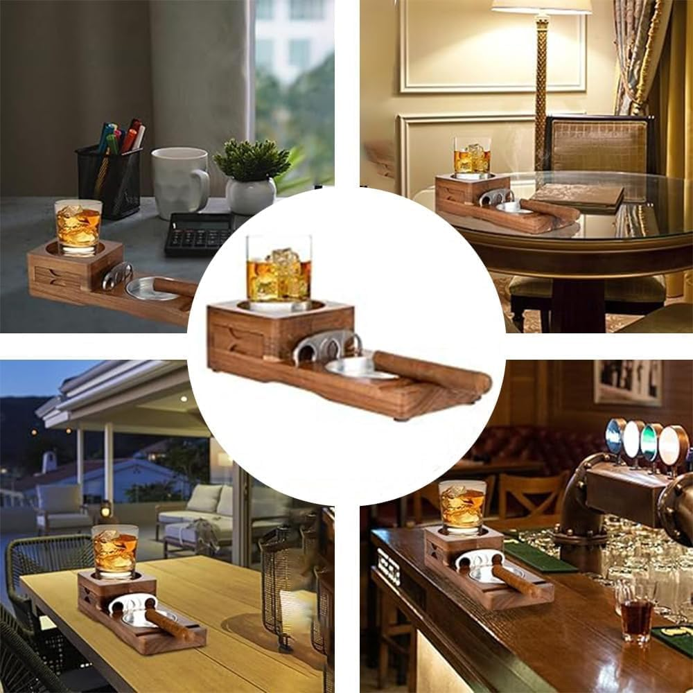 Cigar Ashtray Set with Whiskey Glass Holder &ndash; Wooden Ashtray with Steel Channel, Removable Drawer & Cigar Cutter, Classic Wood & Aluminum Cigar Accessories for Home & Office image number 3