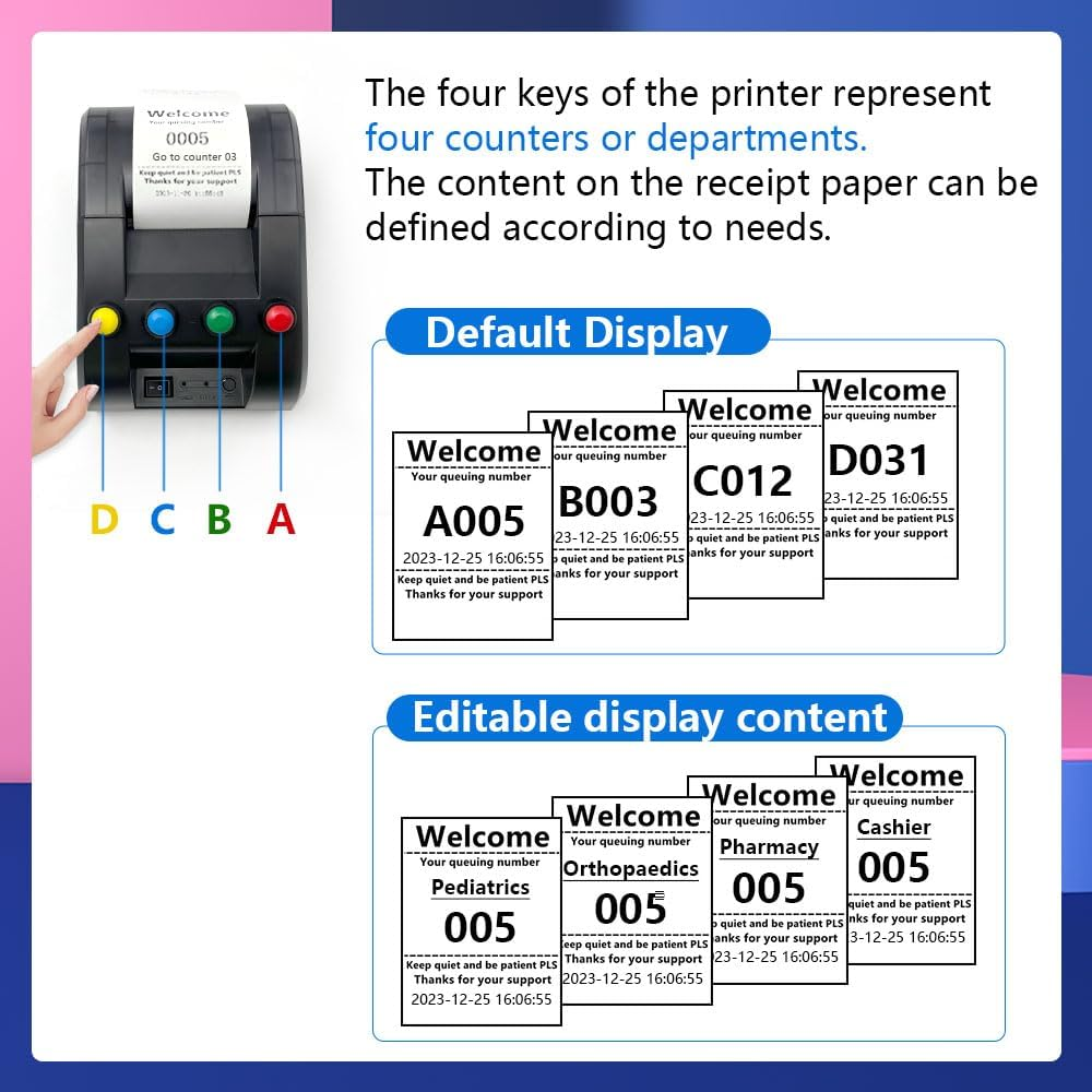 KOQICALL Take a Number Printer Ticket Thermal Printer with 57Mm Receipt Ticket Roll Show Different Department Name and Queue Number for Clinic Restaurant Hospital Bank (TP-4 Way) image number 5