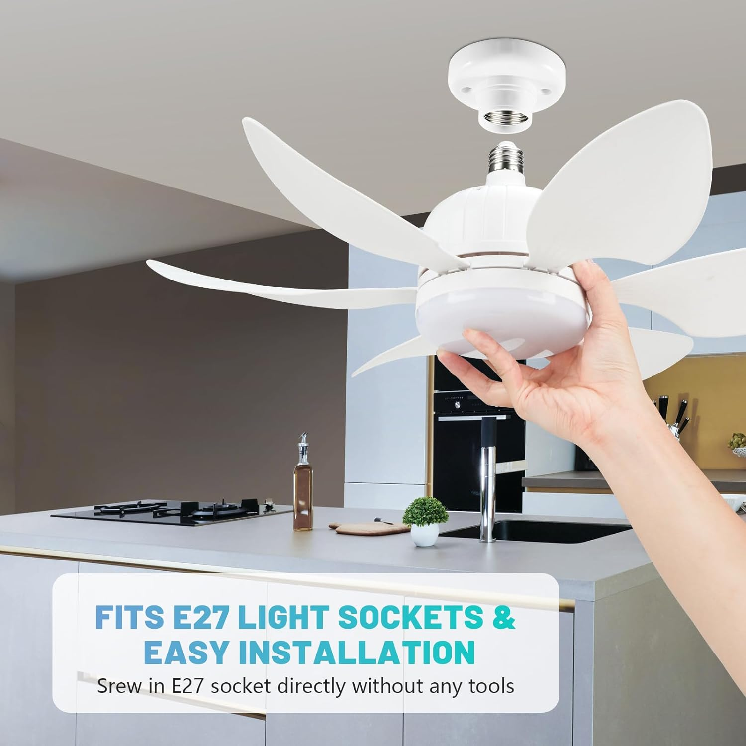 Socket Fan Light -20.5"/52Cm Ceiling Fan with Light and Remote, E27 Plug in Fan Light Bulb for Bedroom, Kitchen, Living Room, Bathroom, Workshop-3 Color Temperatures, 3 Fan Speeds,2000 Lumens,40W image number 1