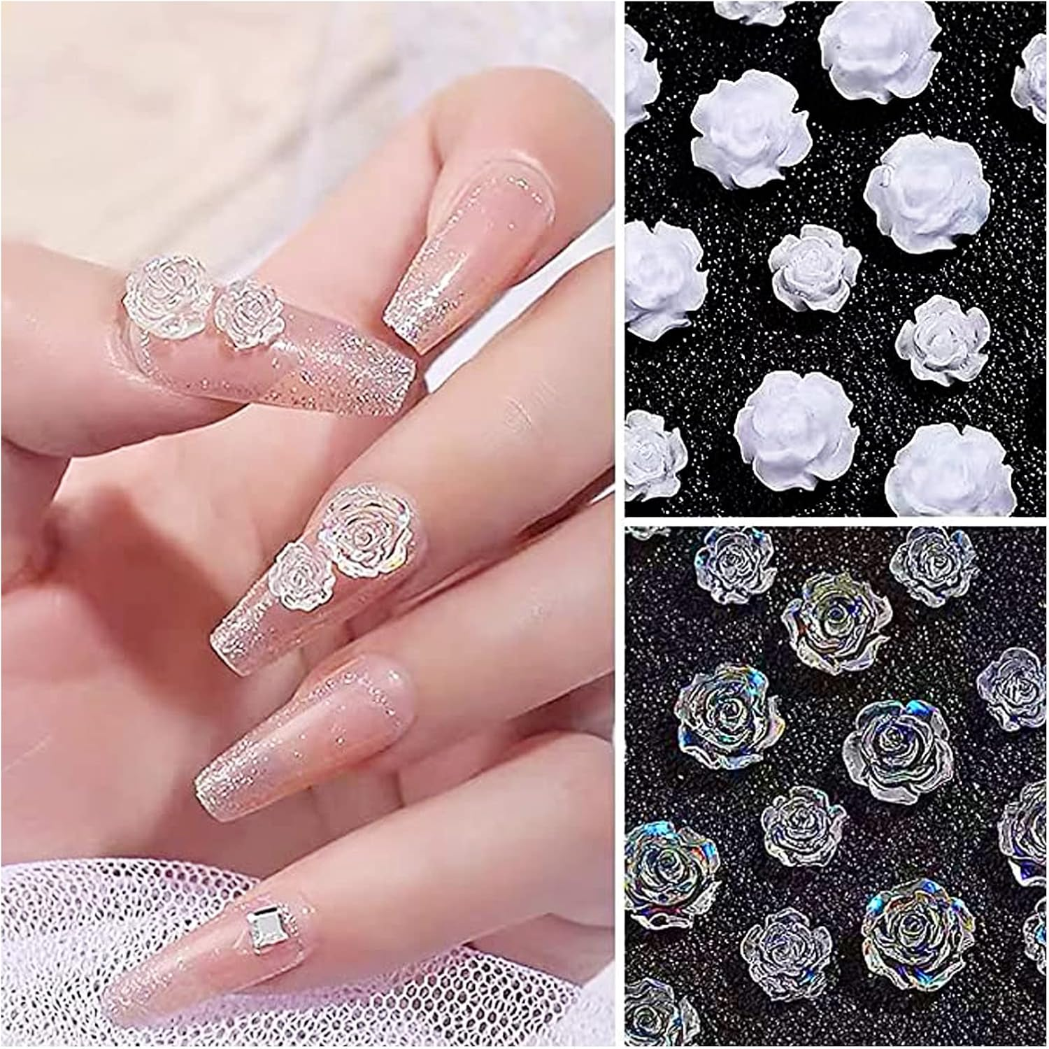 60 Pieces of 3D Nail Art Roses, Beauties Factory Resin Rose 6.5Mm & 8Mm Snow White ICY Aurora Tips Decorations (White) image number 4