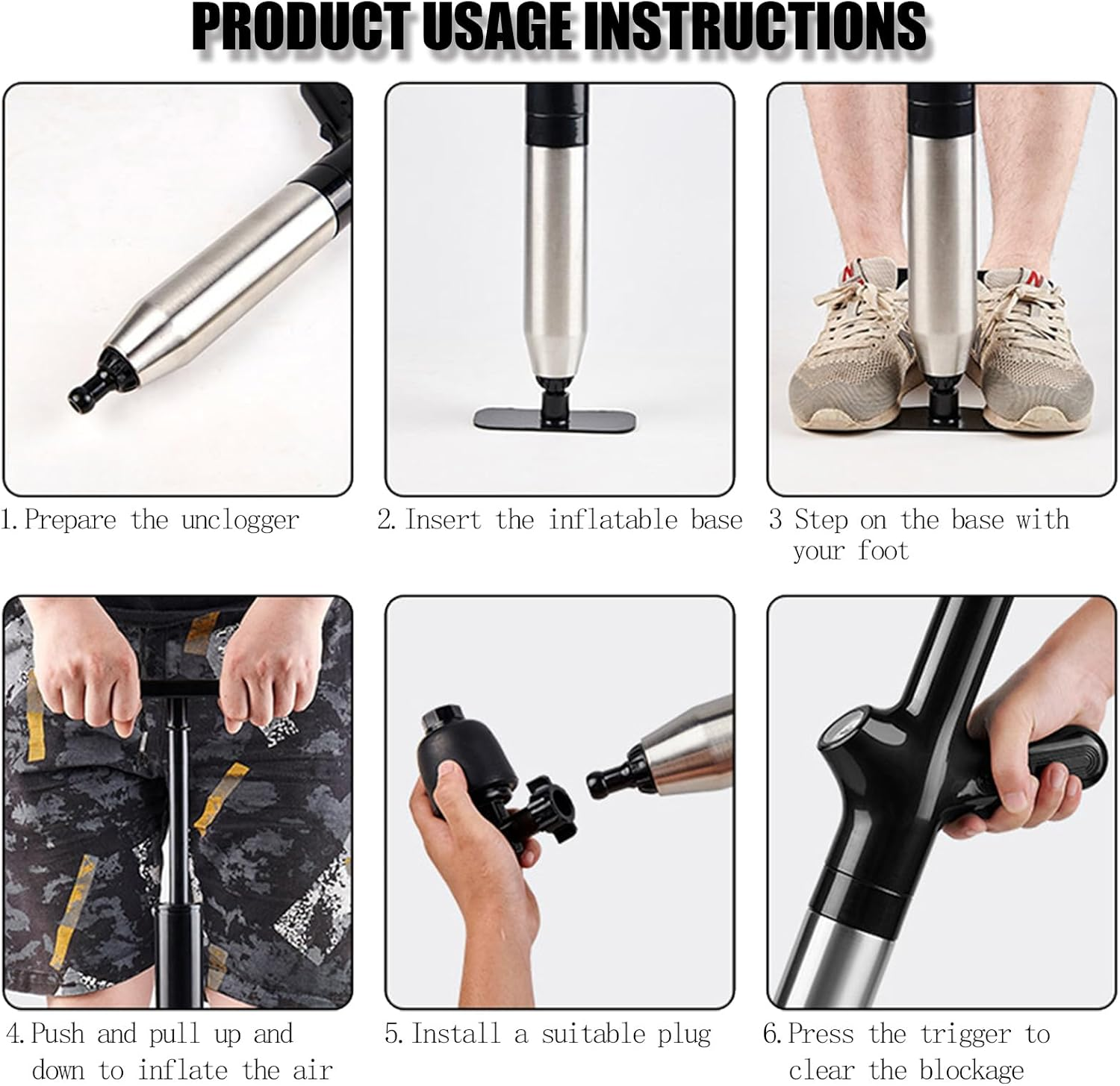 Wenbones Drain Cleaner Pump with Air Compression and Air Pressure Display, Compressed Air Pipe Cleaner with 4 Suction Cups, Toilet Plunger for Cleaning Pipes, Sinks, Bathrooms, Kitchens (Black) image number 5