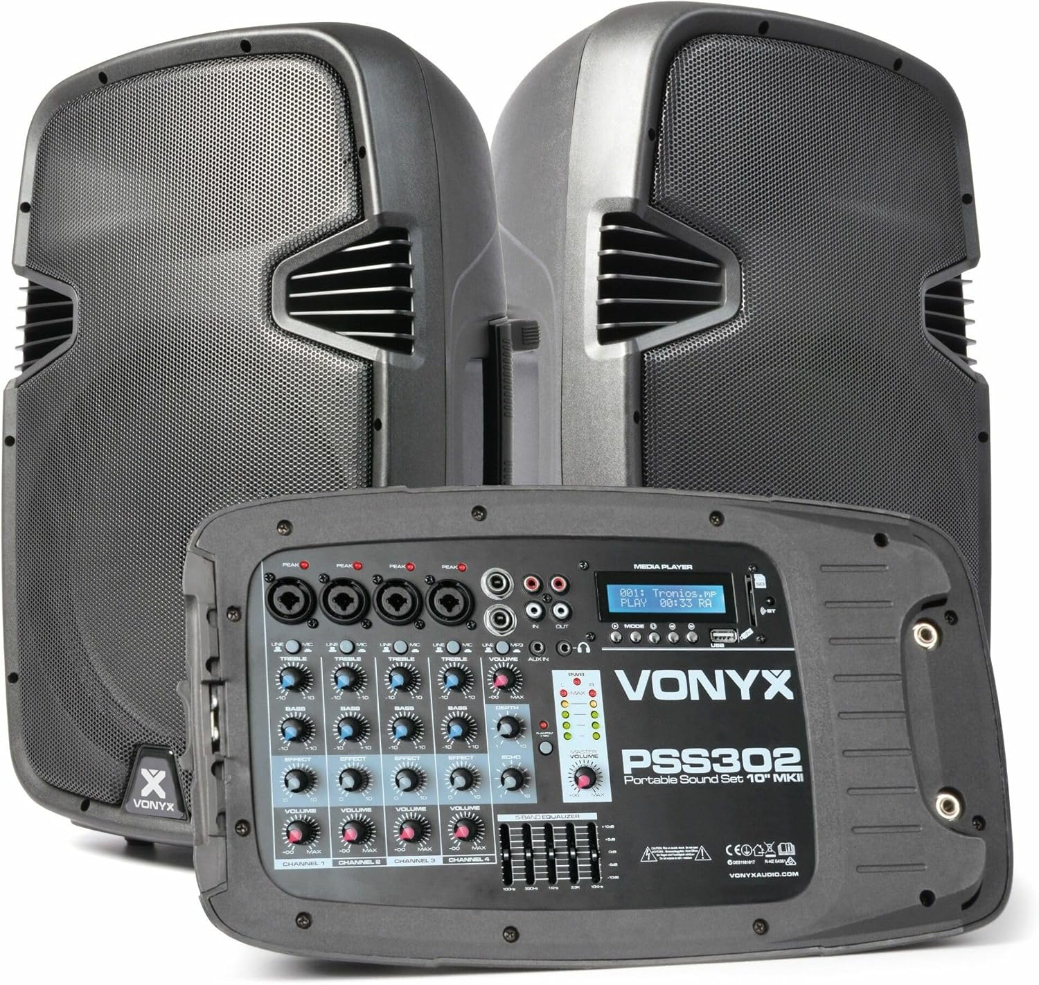 Vonyx PSS302 Portable PA System DJ Karaoke System Speaker Box System with Mixer and Stand 300 Watts MAX. Bluetooth Mp3-Compatible USB Slot SD Card Slot 2 X Tripod Carrying Bag image number 4
