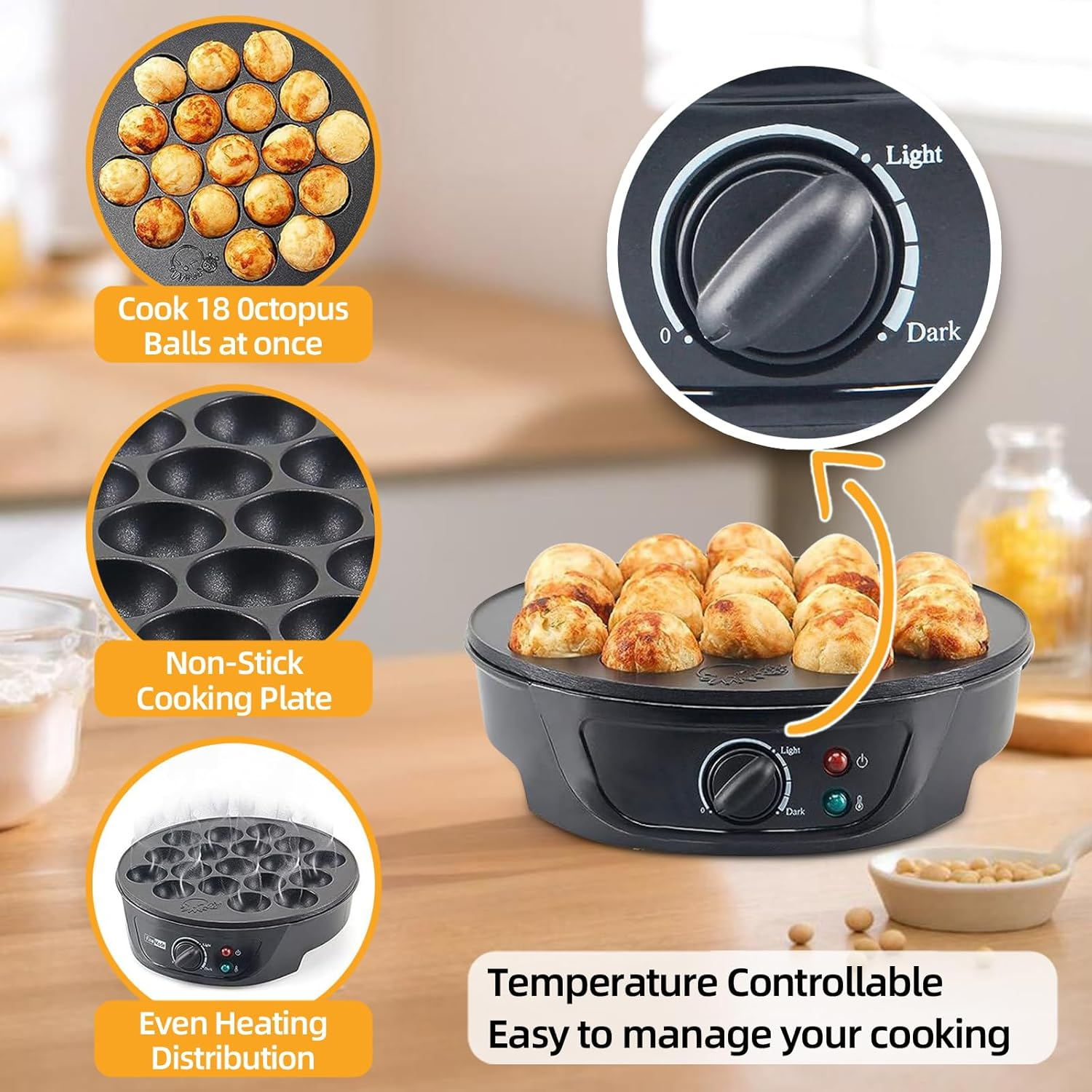 Kitment Electric Takoyaki Maker with Temperature Control, 18-Hole Octopus Ball Maker Machine for Japanese Takoyaki, Cake Pops & Mini Pancakes, Includes Tools, AU Plug image number 4