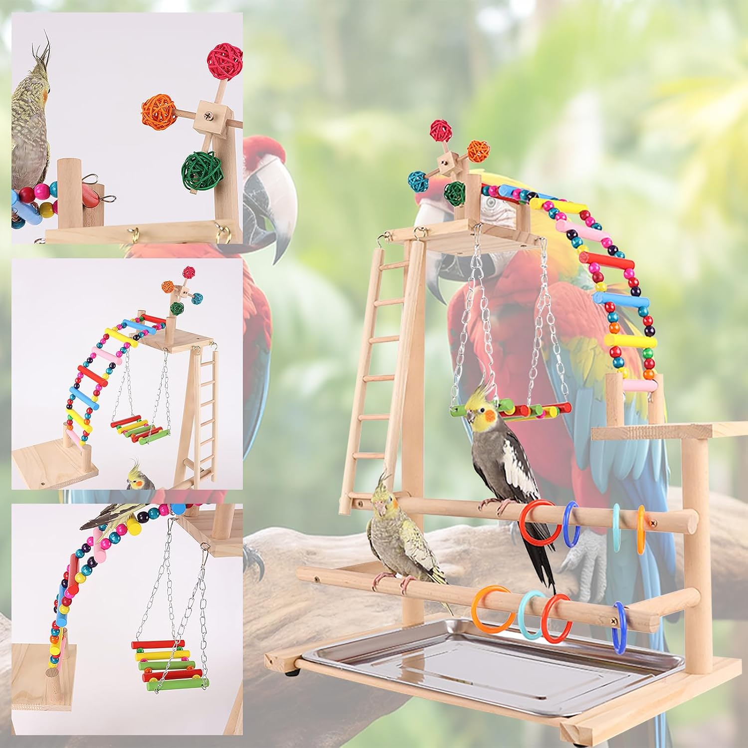 Beaufairy Bird Playground Parrot Play Stand, Parrot Playstand Wood Play Gym, with Swing Climb Natural Wood Playpen Ladder and Tray, for Parakeets, Cockatiels, Bird Cage Accessories, 46*31*70CM, F557 - 020 image number 4