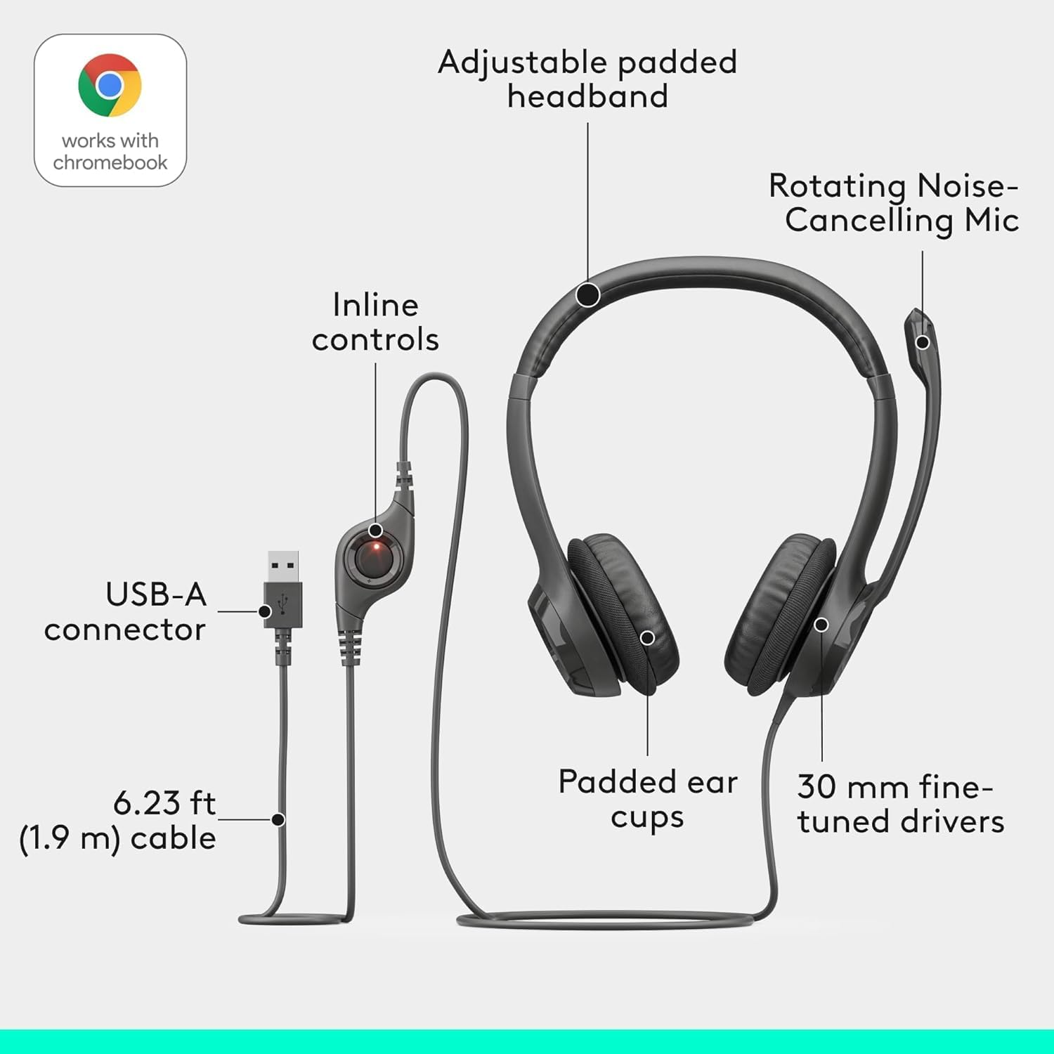 Logitech H390 Wired Headset for Pc/Laptop, Stereo Headphones with Noise Cancelling Microphone, USB-A, In-Line Controls, Works with Chromebook -Black image number 6