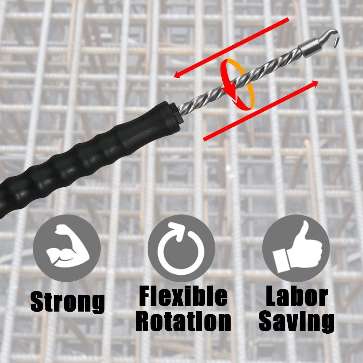 Automatic Rebar Tie Wire Twister, Black Pull Tie Wire Twister, Rebar Wire Twister Tool with Curved Hook & Ergonomic Rubber Handle image number 2