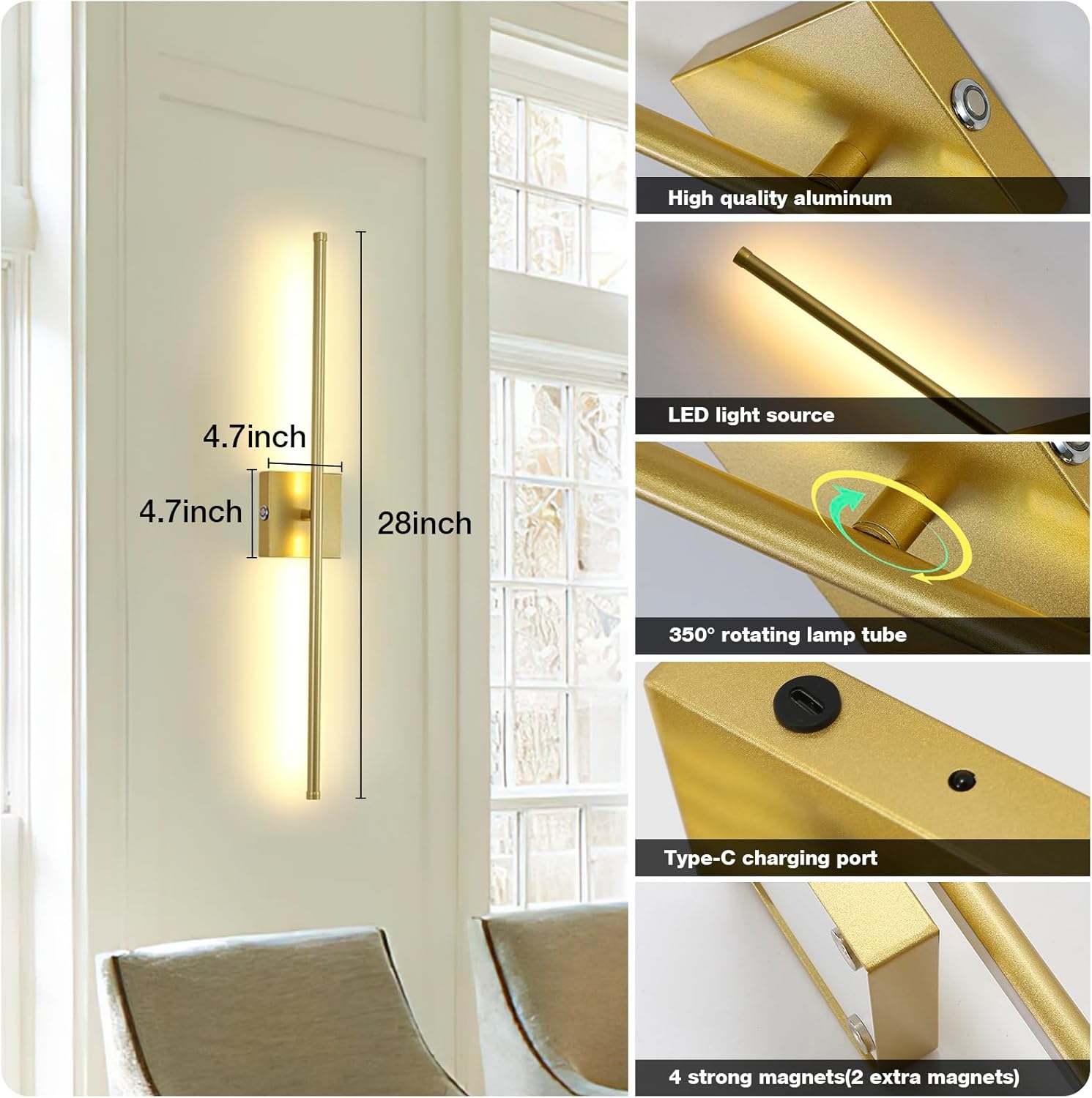 TPSHPTS Battery Operated Wall Sconces Set of 2, LED Rechargeable Wall Lights with Remote Control, 3 Colors Dimmable, 350&deg; Rotate, Gold Wireless Wall Lamp for Living Room, Bedroom, 28.3 Inch