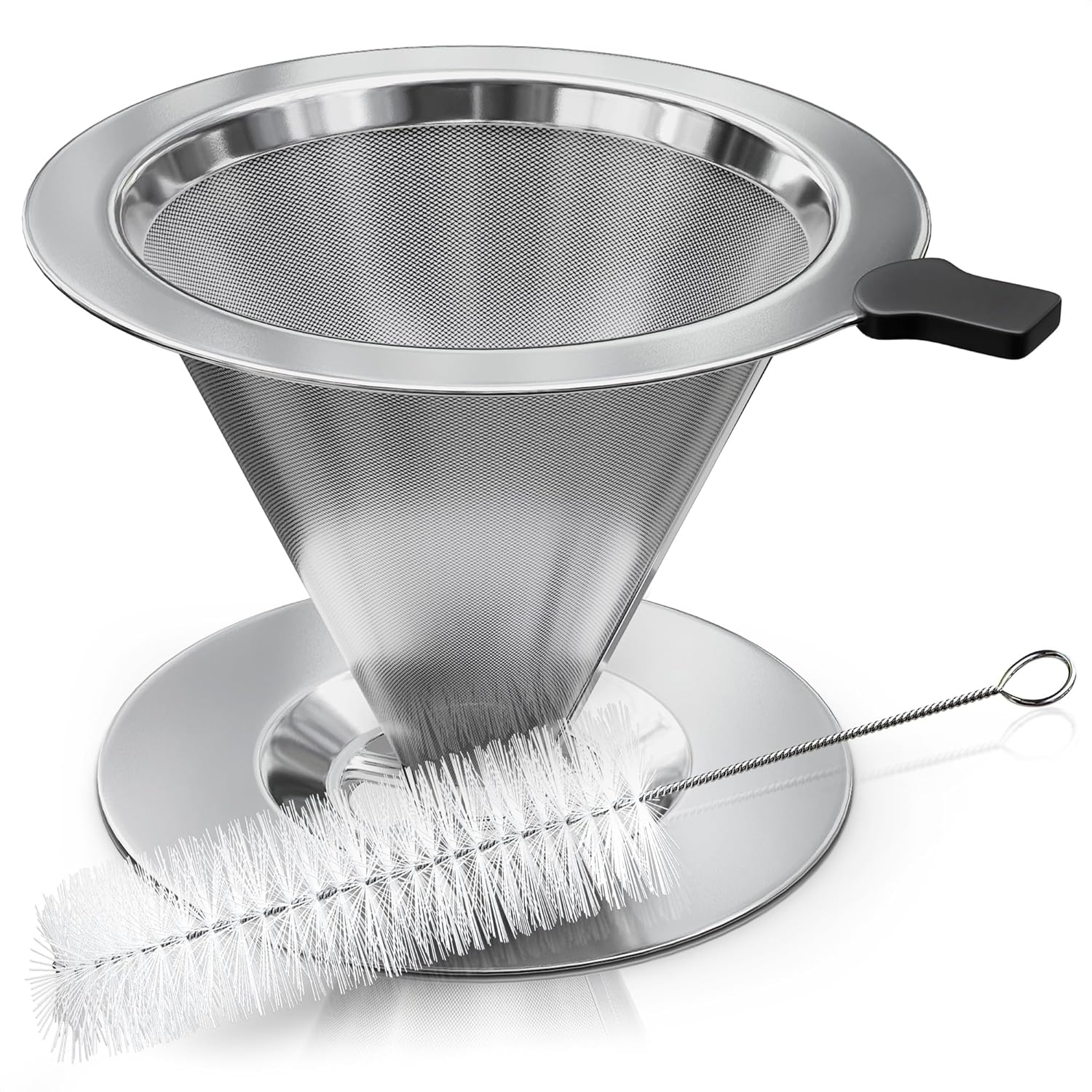 Stainless Steel Pour over Coffee Maker with Cleaning Brush & Non-Slip Silicone Handle - 2 Cups Capacity Stainless Steel Pour over Coffee Dripper with Secure Wide Base, Clean Flavor Paperless image number 2