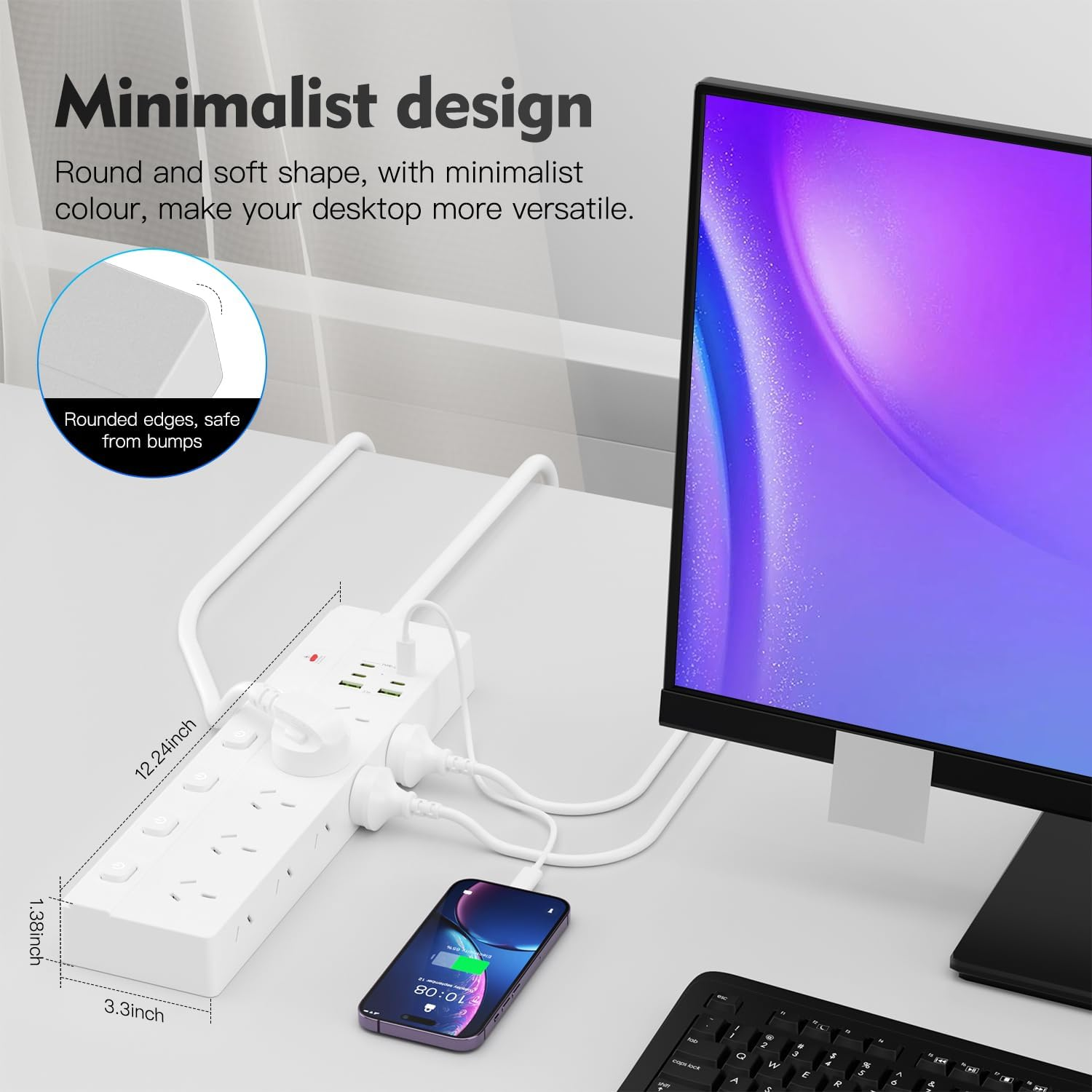 BOCHLION Power Strip with Independent Switch, Equipped with 10AC Power Sockets and 2 USB-A and 4 USB-C, 1.8M Extension Cable, Overload Protection for Home, Office, School, and Dormitory. (White) image number 2