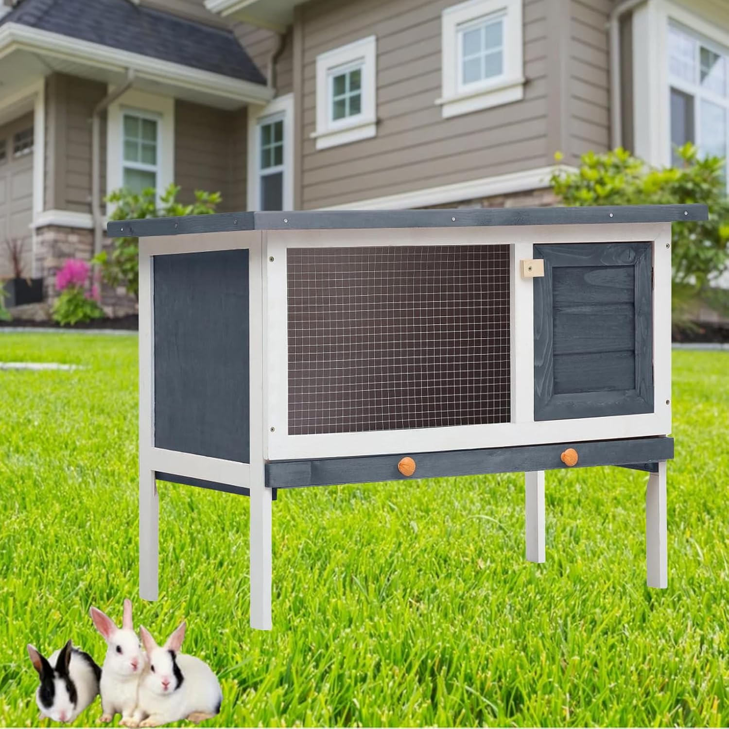 Elevated Wooden Rabbit Hutch, Indoor/Outdoor Bunny Cage with Weatherproof Green Asphalt Roof,Slide Bolt Latch and Removable Tray for Rubbit,Guinea Pig,Hamster (Grey, 90L X 45W X 65H) image number 6