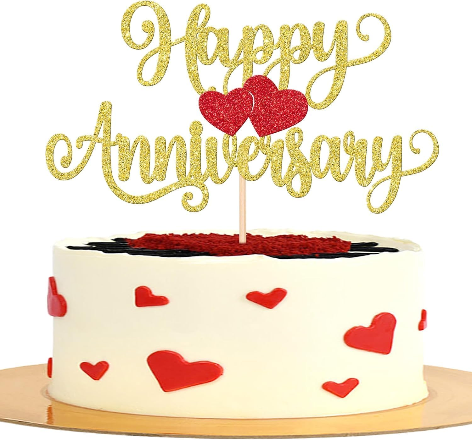 SYKYCTCY 1 Pack Happy Anniversary Cake Topper Glitter Heart Wedding Anniversary Cake Pick Wedding Anniversary Cake Decorations Kids Birthday Party Cake Decorations Supplies (Gold)