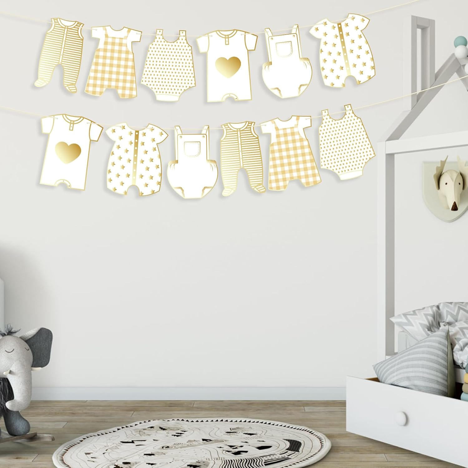 2Pcs Neutral Gold Baby Shower Paper Garland, Pre-Assembled Baby Boy Banner Baby Girl Sign Gender Reveal Decorations Various Baby Clothes Banner for Welcome Newborn Party Supplies Photo Props image number 5
