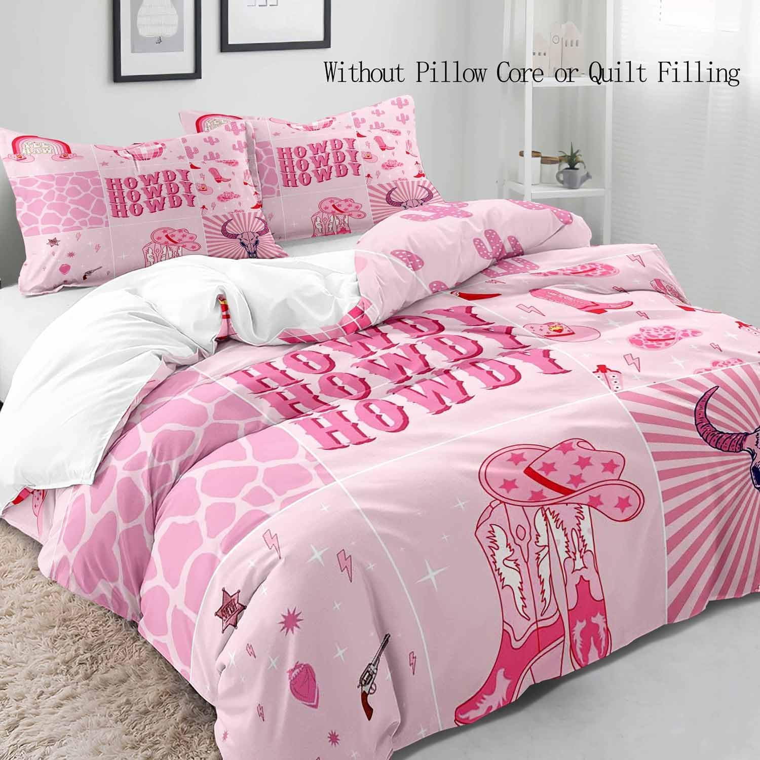 LUVIVIHOME 3PCS Disco Cowgirl Duvet Cover Full Bedding Set, Preppy Bedding, Teen Girl Bedding, Western Cowboy Cowgirl Boots Hat Howdy Hot Pink Comforter Quilt Cover, College Dorm Decor, 2 Pillow Shams