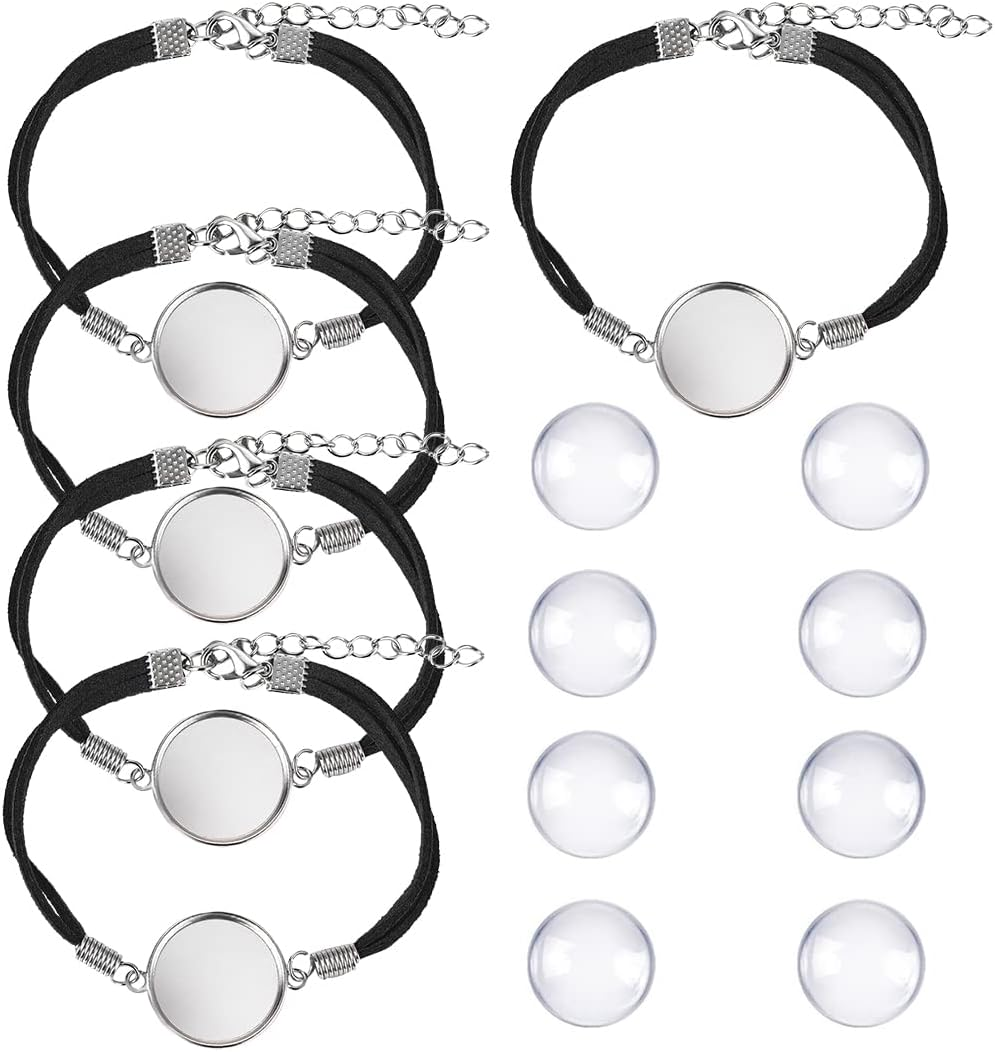 DROLE 40Pcs Black Leather Cabochon Bracelet Blanks-20Pcs 20Mm Cabochon Bezel Tray Blank Bracelets with 20Mm Cabochon Black Bracelet Chain for Jewelry Making Silver Base