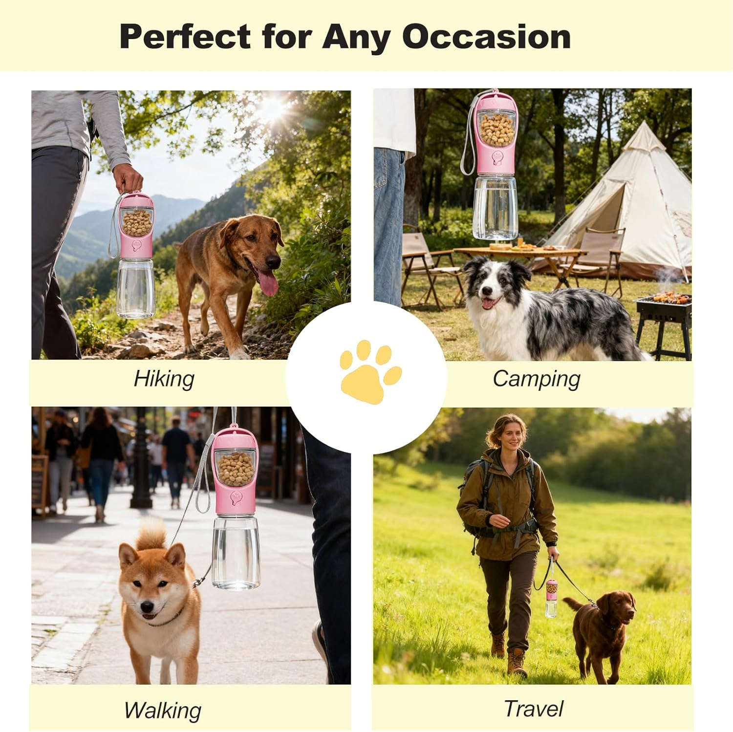 Dog Water Bottle, Multifunctional Portable Bottle with Food Container, Dogs Bottle Suitable for Outdoor Activities (Pink 12Oz) - Pink 19Oz image number 5