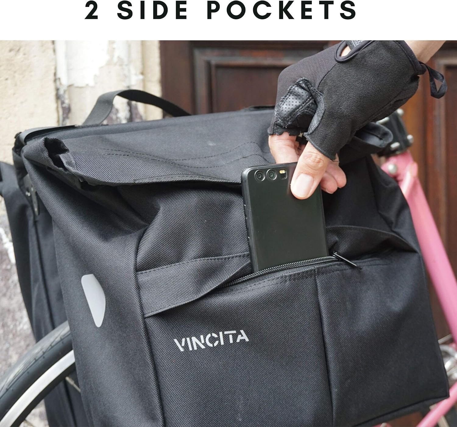 Vincita New Top Load Double Pannier Water Resistant Cycling Side Bags - with Rain Cover, Large, Carrying Handle, Reflective Spots - Bike Rack Carrier Saddle Bag - Bicycle Accessories (Black/Turquoise) image number 3