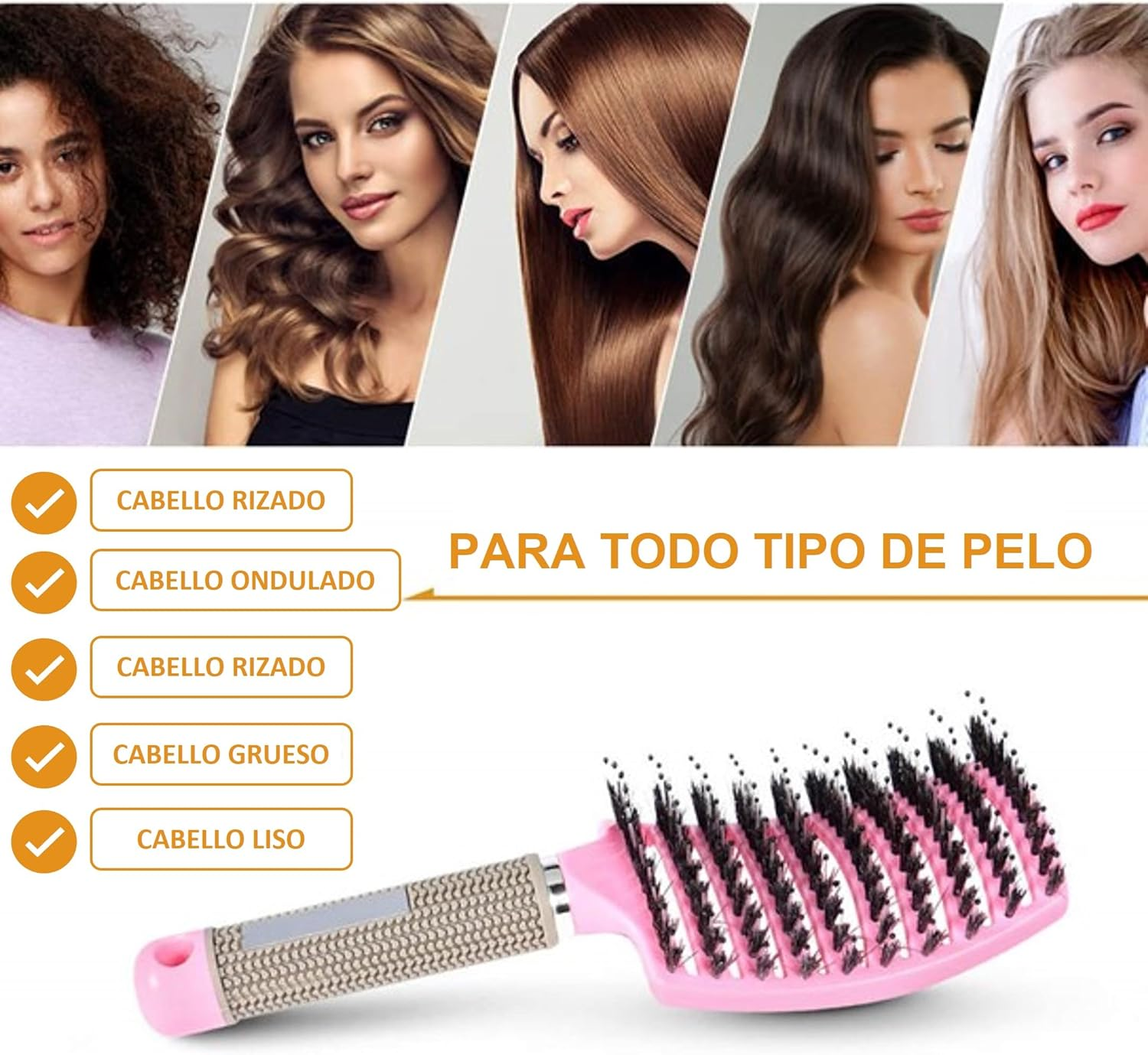 Hair Brush + 5 Scrunchies - anti Pull - Massage Effect - Detangling Comb - Jabali Bristles - All Hair Types (Pink)