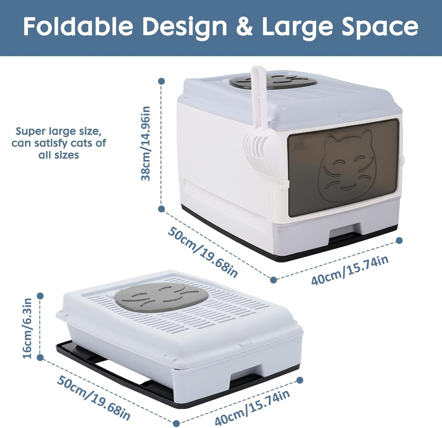 Large Enclosed Cat Litter Box with Lid &ndash; Foldable Hooded Odorless Cat Toilet with Litter Scoop, Self Groomer Deodorizer Filter, Front Entry & Top Exit, Easy to Clean and Install image number 5