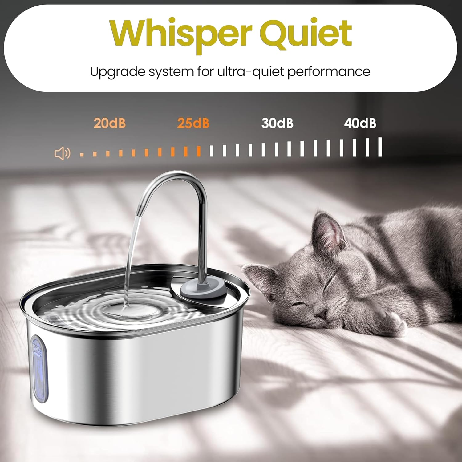 Premium Pet Water Fountain | Automatic 3L Stainless Steel Cat Fountain with LED Light Water Level Window | Bpa-Free, Filtered Automatic Dog Fountain image number 1