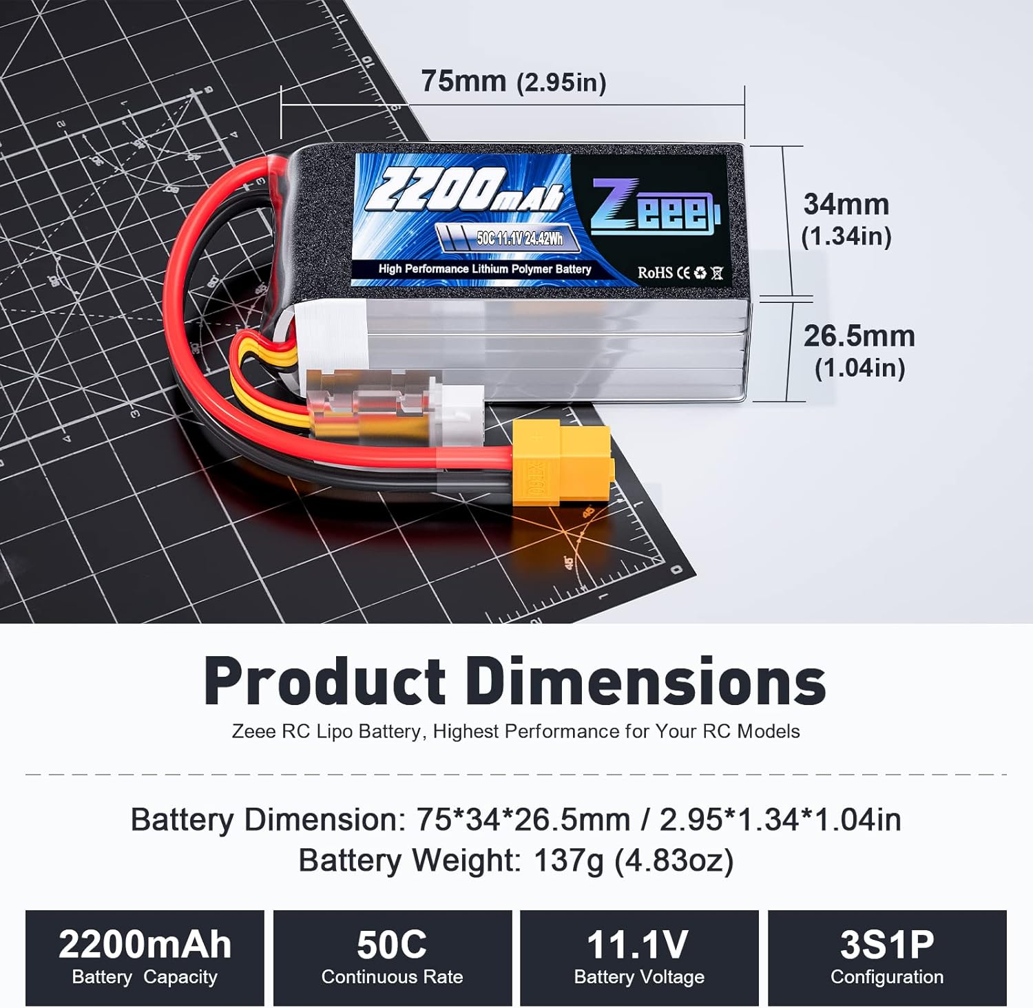 Zeee 3S 2200Mah Lipo Battery 11.1V 50C Shorty Pack Battery with XT60 Plug for RC Car Truck RC Vehicles Boat Drone RC Airplane Quadcopter Helicopter FPV Racing Hobby Models(2 Pack) image number 2