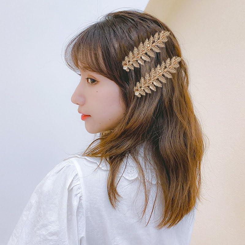 Gold Leaf Hair Clips Barrettes Greek Goddess Costume Cosplay Accessories for Women Girls 2 Pcs Leaves Clip with Pearl Hair Piece Leaf Clips for Wedding Party image number 1