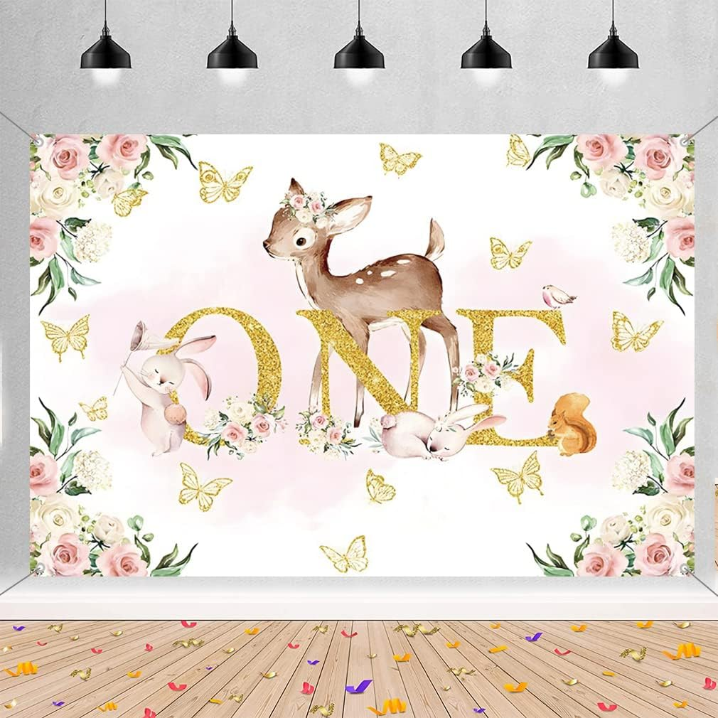 1St Birthday Decorations for Girls Happy 1St Birthday Backdrop Banner Party Happy 1 Year Old Fabric Sign Poster, Floral and Deer Background First Birthday Party Supplies, 150X90Cm image number 3