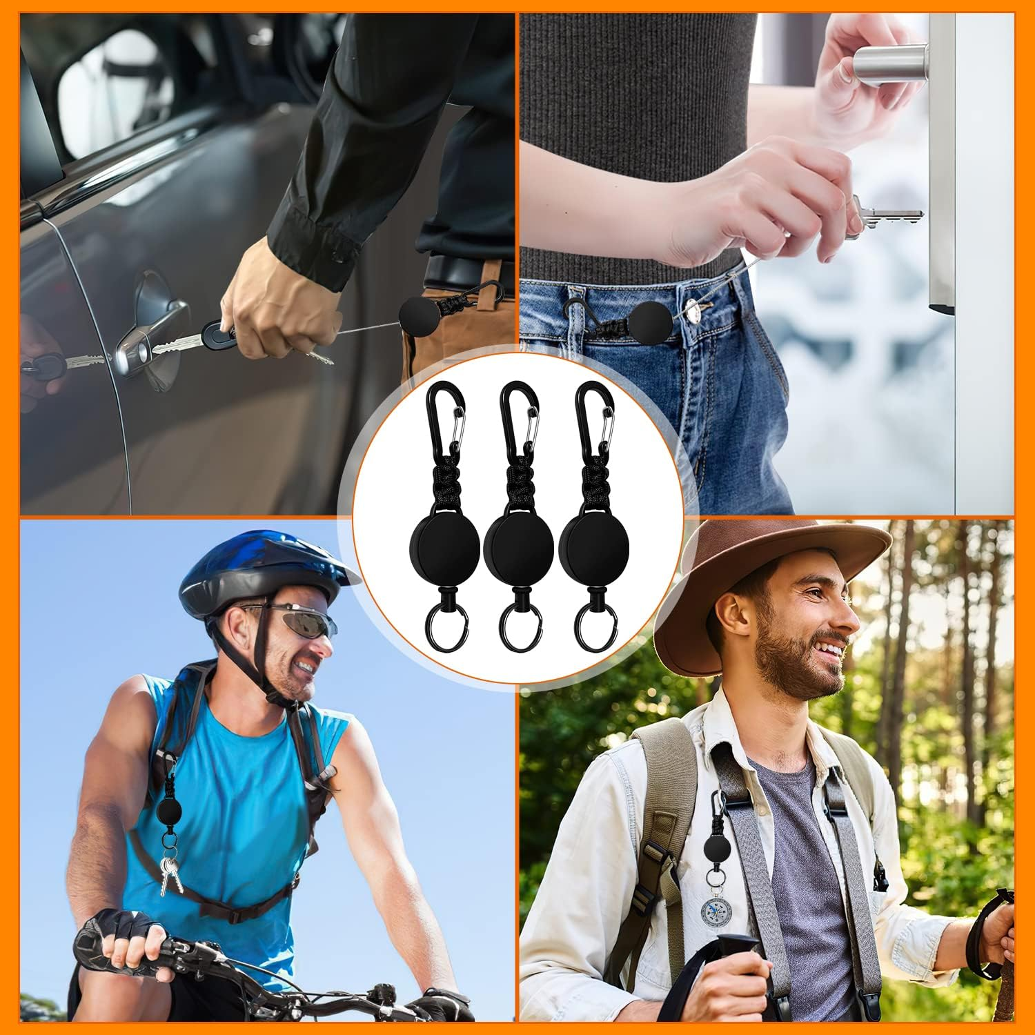 Retractable Keychain 3 Pack Heavy Duty Carabiner Badge Holder Extendable Badge Reel with 60Cm Steel Cord - Black+Orange+Green image number 3