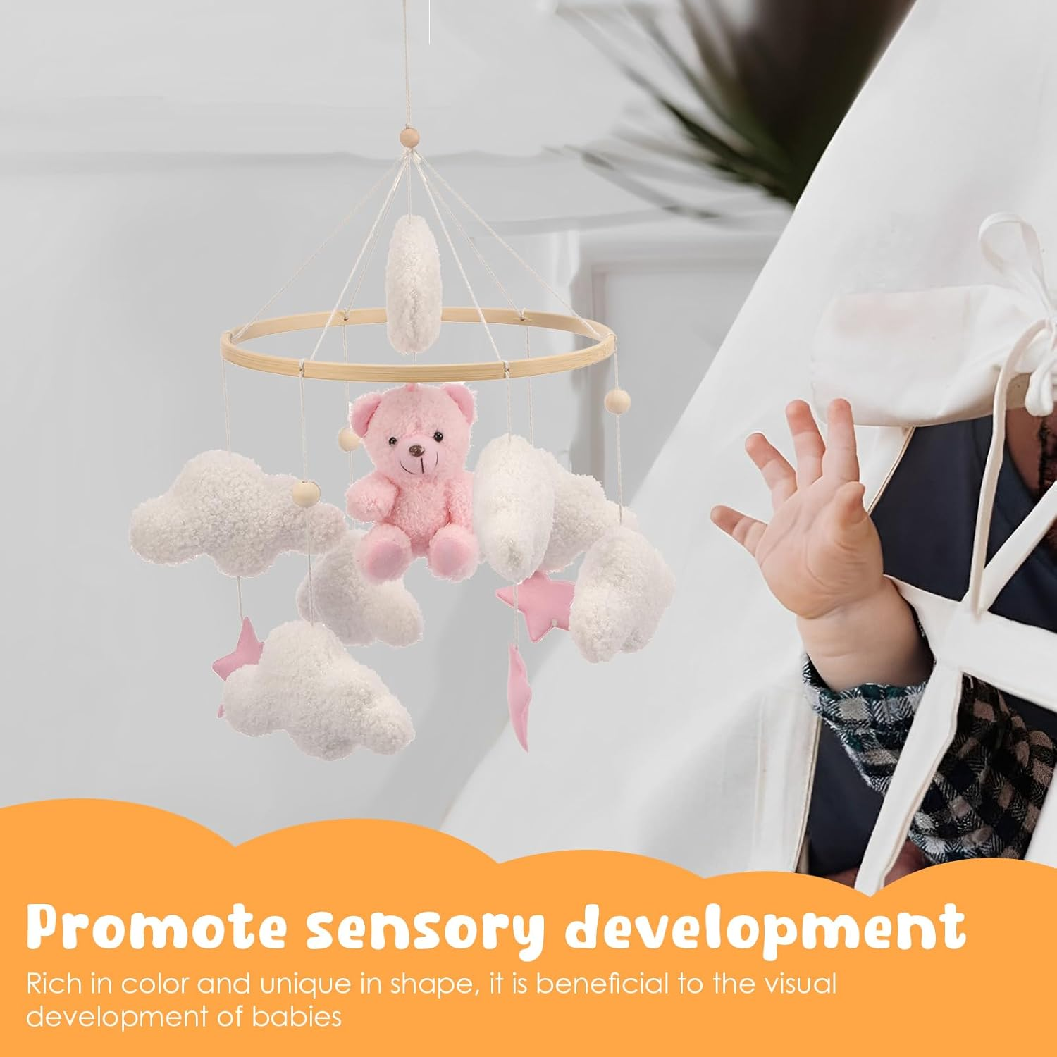 Baby Musical Crib Mobile, Hanging Rotating Plush Toys and Wood Nursery Mobile Cute for Infant Newborn Boy Girl,Total Height: 45Cm/17.72In (Pink) image number 4