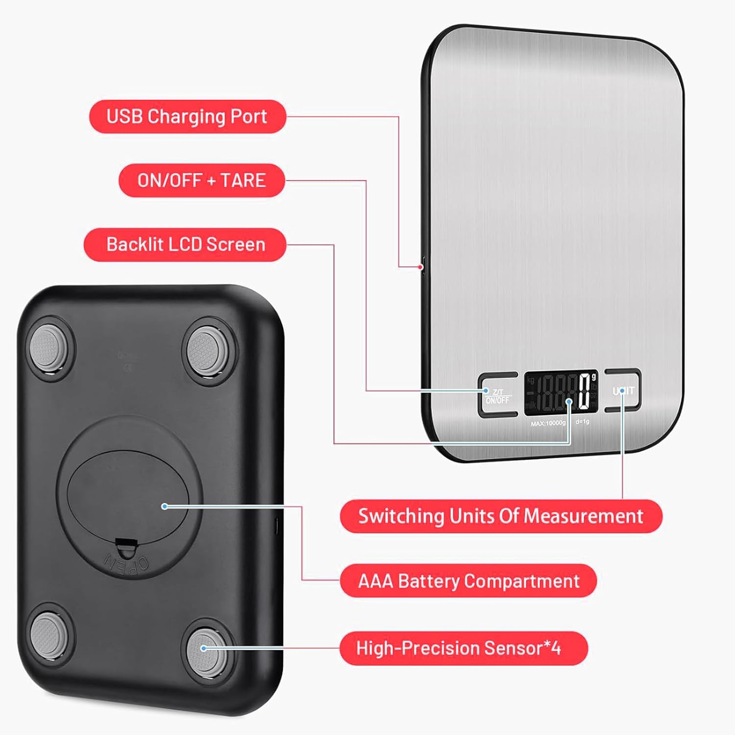 FEBHBRQ Rechargeable Kitchen Scale with USB-C Fast Charging, 10Kg/22Lb Digital Food Scale, 1G Precision, Stainless Steel Platform, Multiple Units (G/Lb/Oz/Ml), Tare Function - Easy to Clean & Auto-Off image number 1