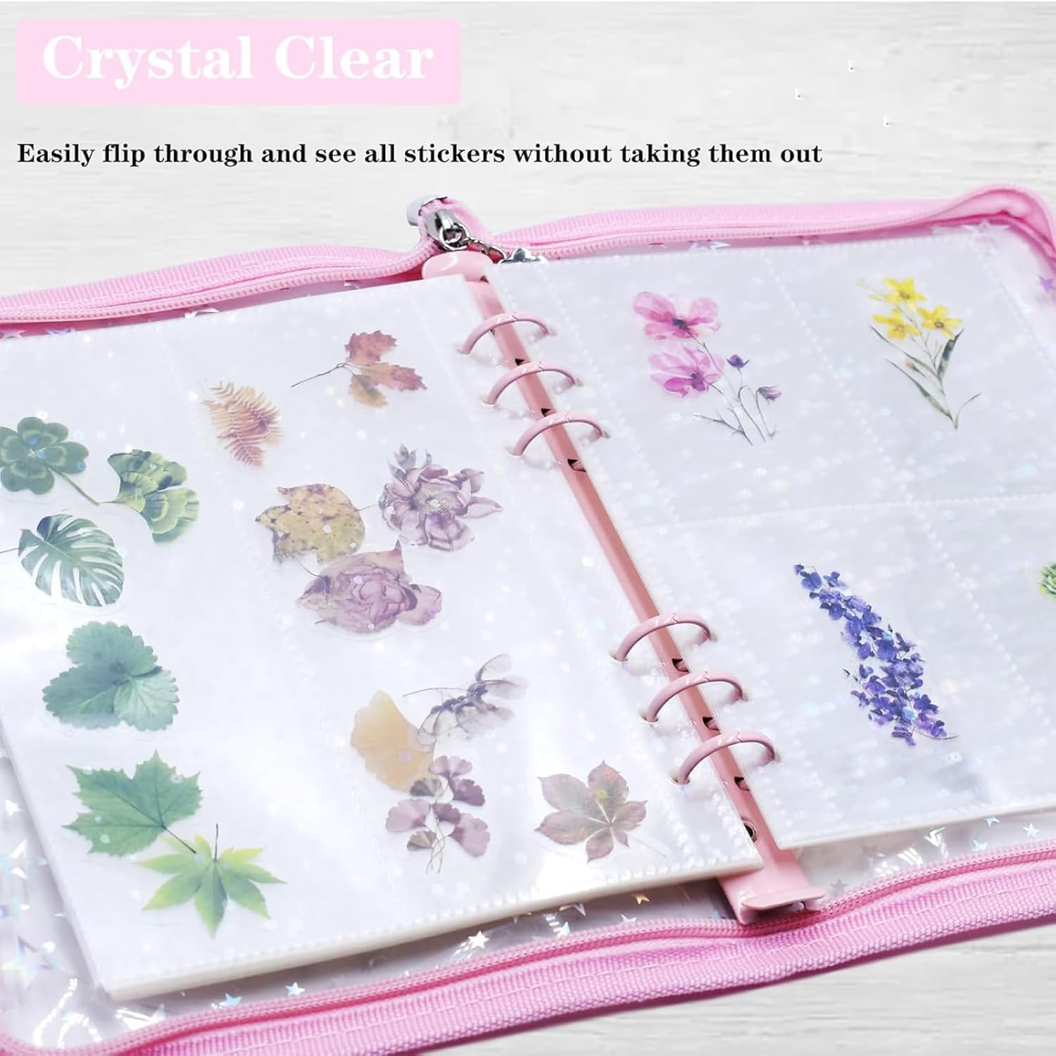 Transparent Zipper Sticker Storage Organizer Binder Album, 90 Pockets for Jewelry, Scrapbook & Collecting Stickers (Pink) - Blue image number 6