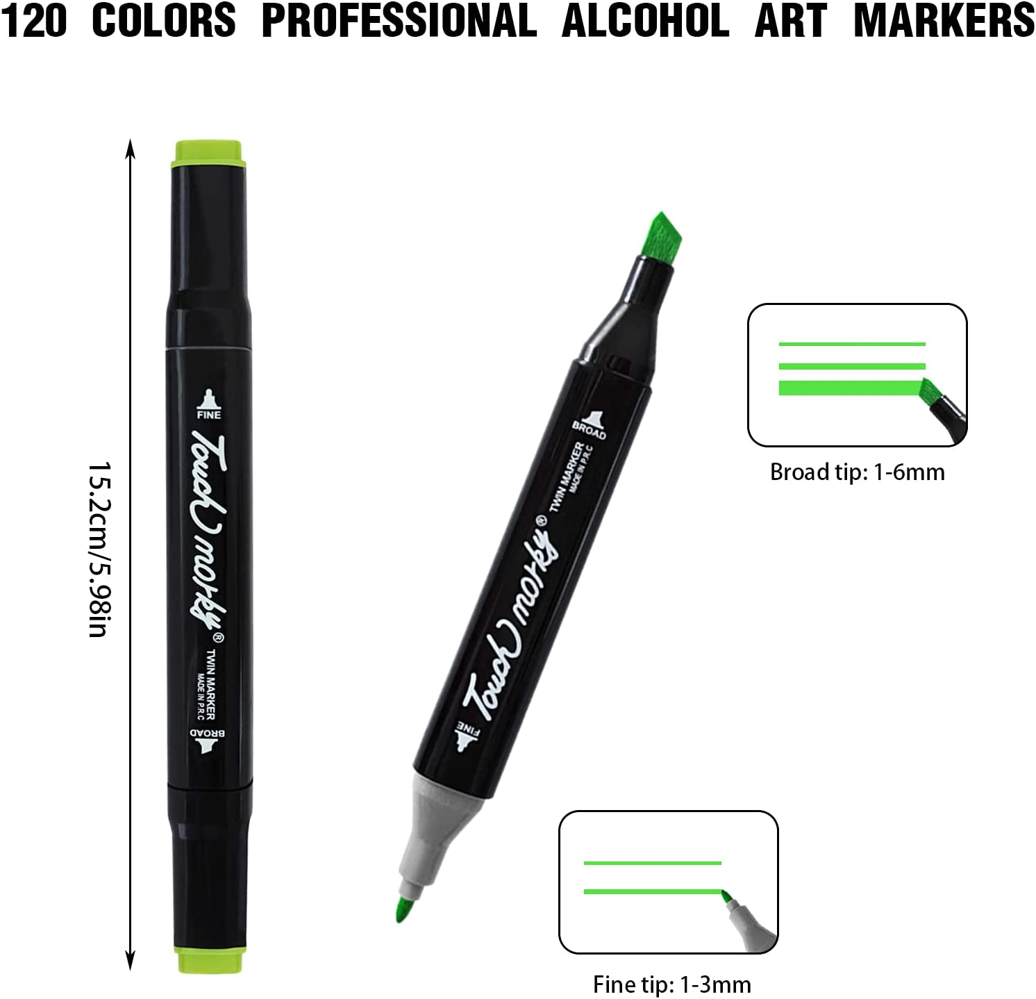 120 Colors Dual Tips Art Twin Sketch Markers,Pioghax Permanent Alcohol Brush Markers Set Coloring Art Markers with Case for Sketching, Adult Coloring Books and Illustration&hellip; image number 6