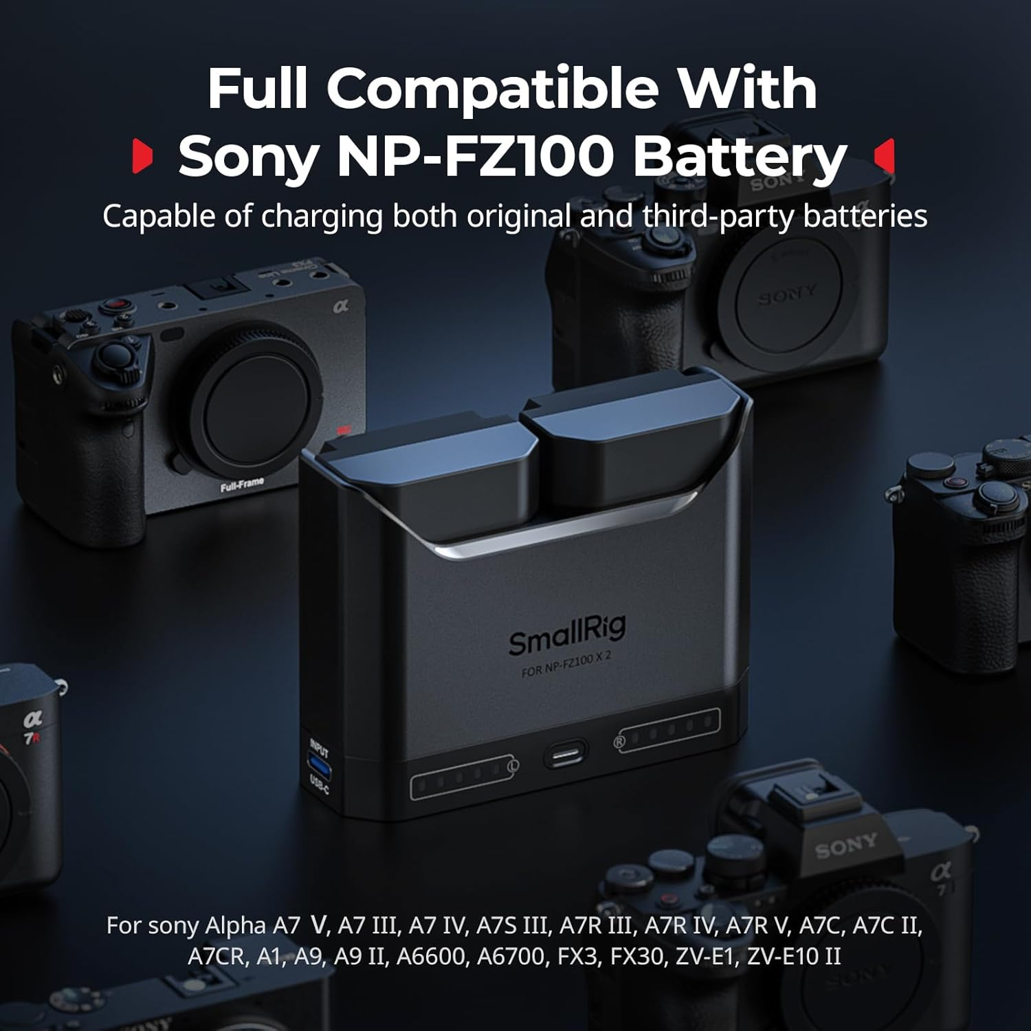 SMALLRIG NP-FZ100 Camera Battery Set for Sony, 22.5W Dual Slot Camera Charger with 1940Mah Batteries, Full Compatible with Sony Alpha A7III A7IV A6700 FX3 FX30 A9 A7C A7CII A7RIII ZV-E1 ZV-E10II image number 1
