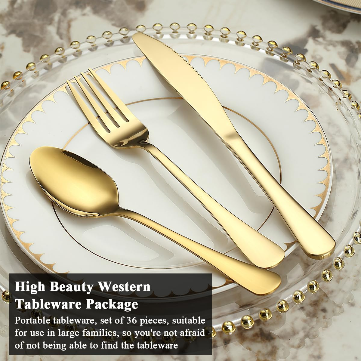 Gold Cutlery Set 36 Pieces Service for 12, Stainless Steel Knives Spoon Forks Set for Wedding, Parties, Evens, Home, Thanksgiving, Christmas image number 3