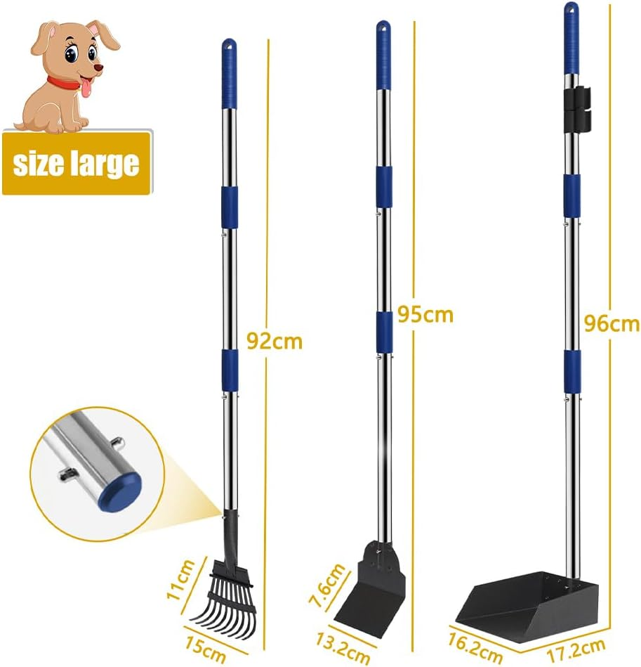 Dog Pooper Scooper Tray Shovel & Rake Kit,Pet Waste Removal Scoop with Long Adjustable Sectional Stainless Handles,Portable Large Dog Poop Picker Upper, Walks, Grass & Garden Leaves image number 2