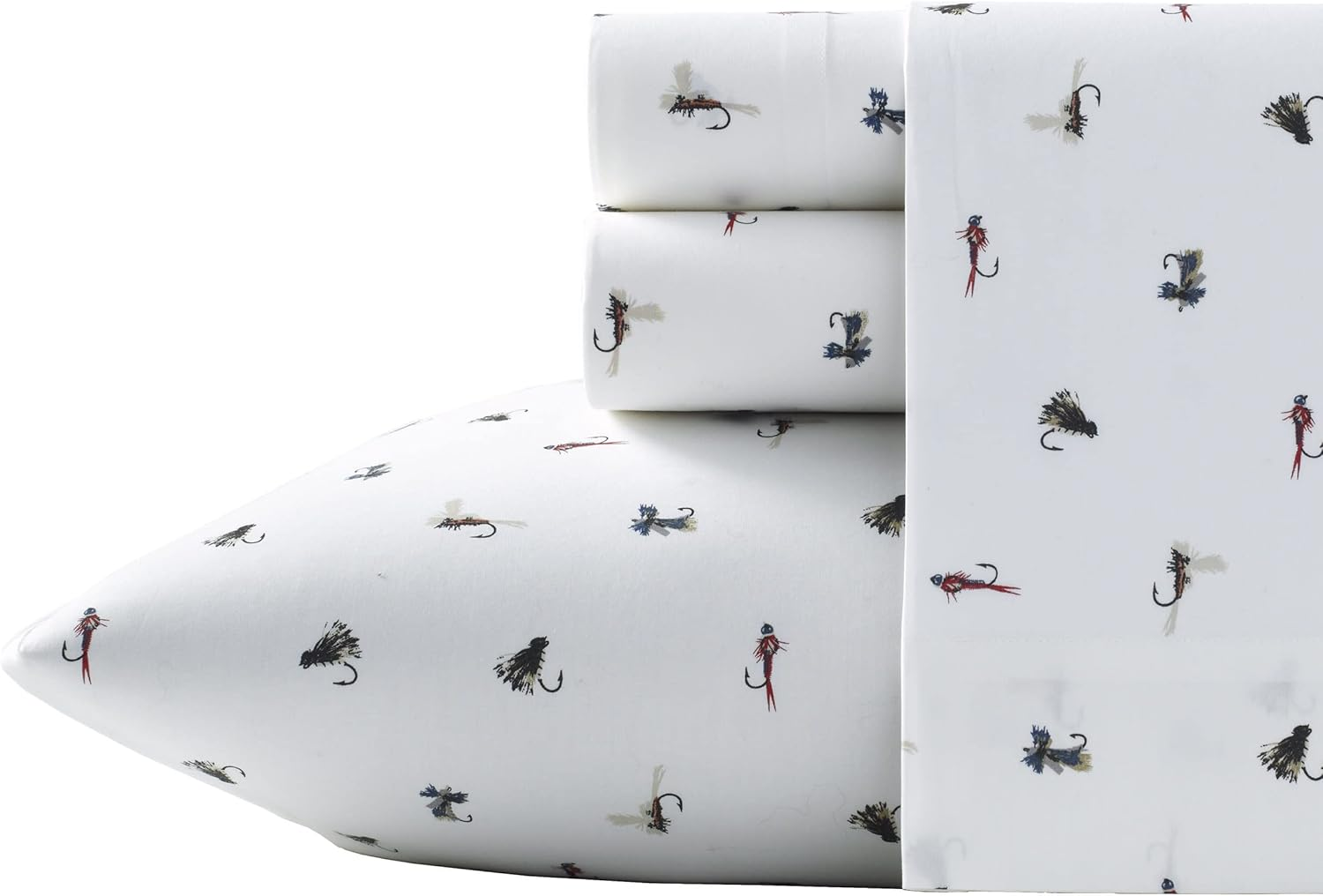 Eddie Bauer - Queen Sheets, Cotton Percale Bedding Set, Crisp & Cool Home Decor (Fishing Flies White, Queen) image number 1