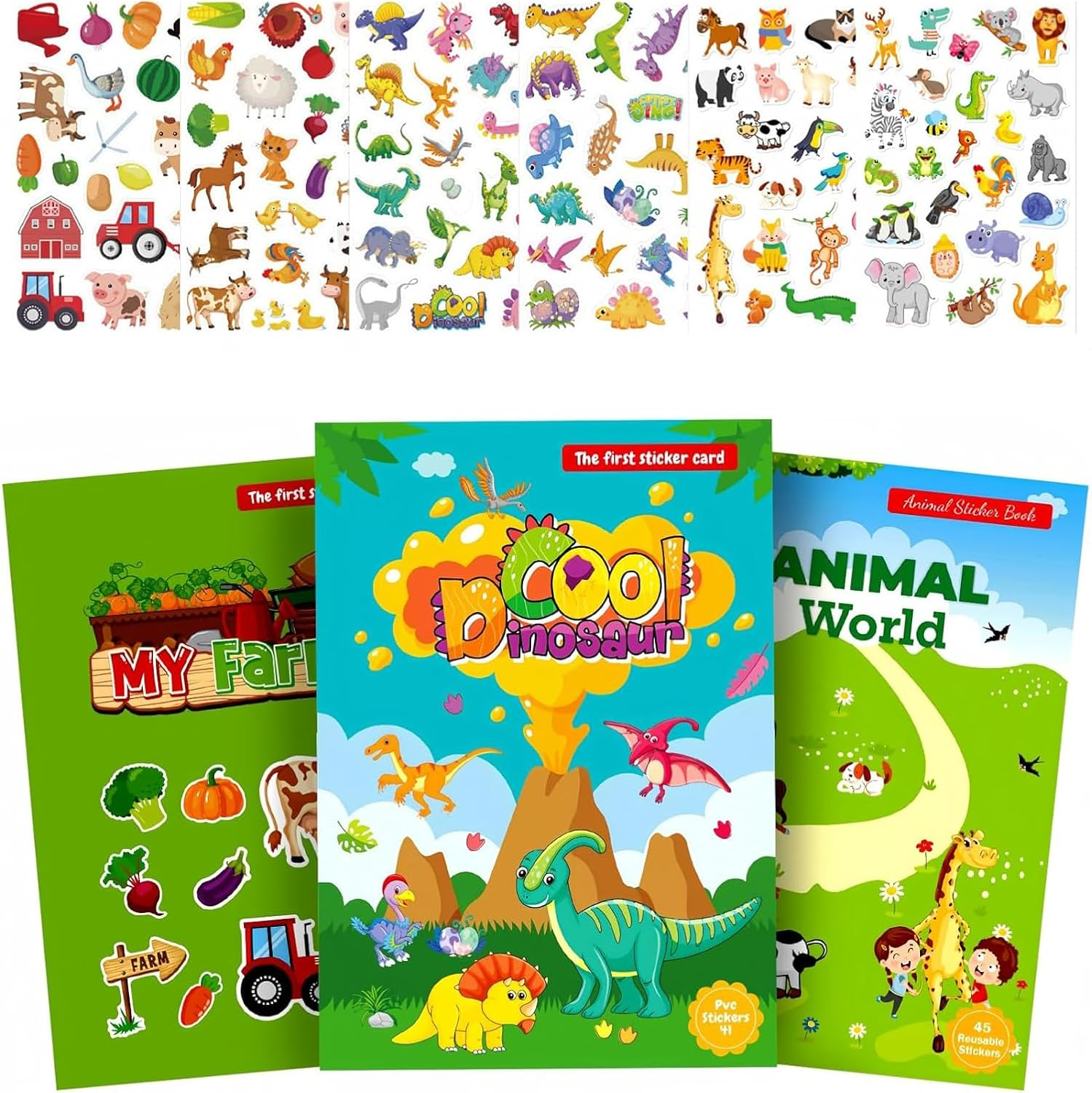 Kids Sticker Book, 3 Pack Fun Travel Stickers, Farm, Wild Animals, Dinosaurs Themes, PVC Material, Multicolor, Animal Pattern, Reusable, 18 Stickers, Ages 3+, Outdoor Use, Sticker Book
