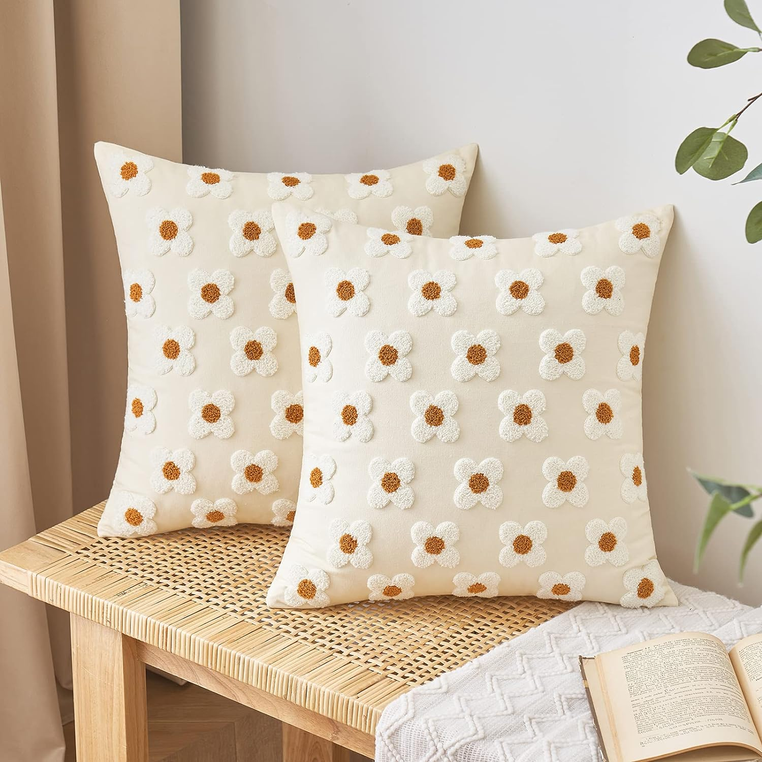 EMEMA Decorative Throw Pillow Covers Sun Flower Jacquard Pillowcase Cushion Case Square for Couch Sofa Bed Living Room Bedroom Set of 2, 18X18 Inch, Beige
