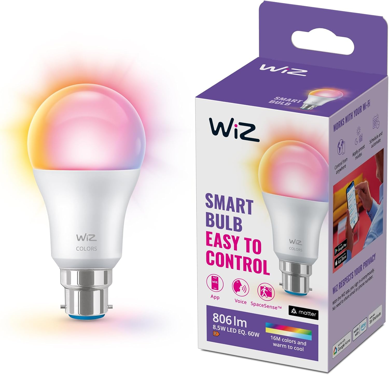 Wiz Color A60 B22 Color Smart LED Bulb image number 1