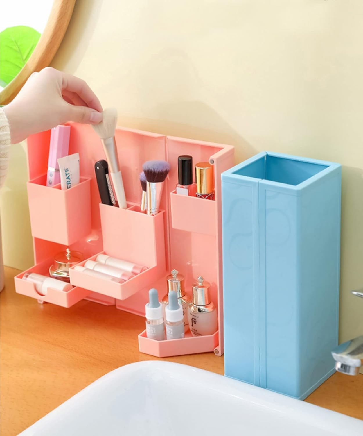 Mini Storage Box Large Capacity Cosmetic Box Cute Stylish Desktop Accessory Storage Korea (PINK) - Blue image number 3